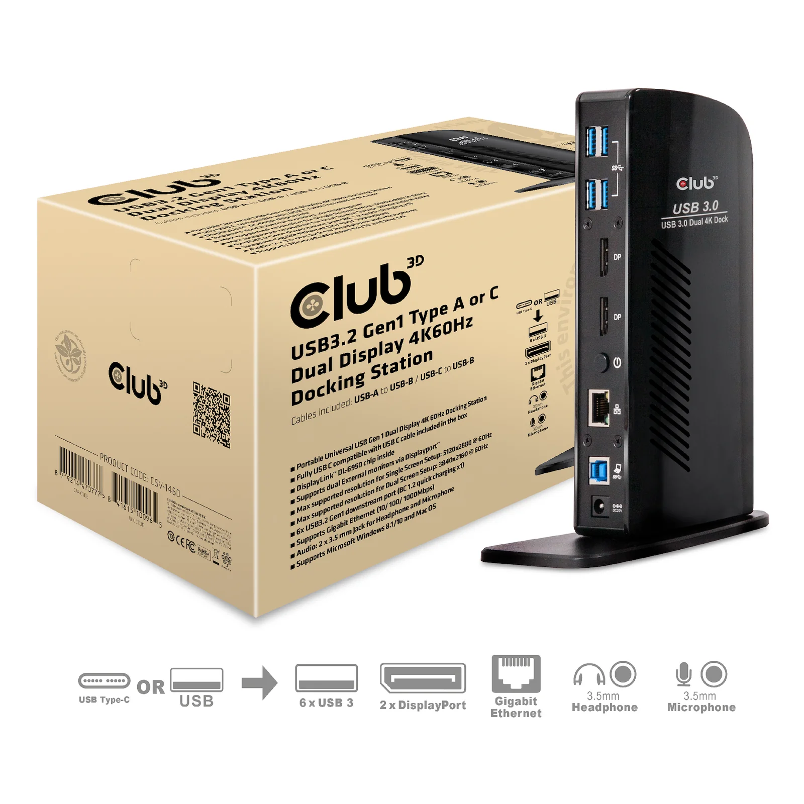 CLUB3D USB3.2 Gen1 Type A or C Dual Display 4K60Hz Docking Station DisplayLink® Certified
