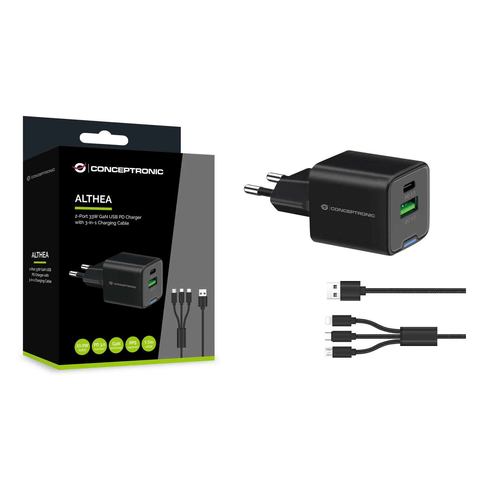 Conceptronic ALTHEA16B chargeur d'appareils mobiles Universel Noir Secteur Charge rapide Intérieure