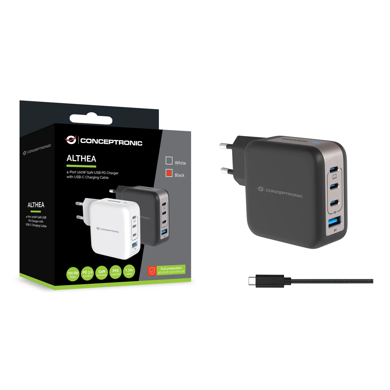 Conceptronic ALTHEA18B chargeur d'appareils mobiles Universel Noir Secteur Charge rapide Intérieure