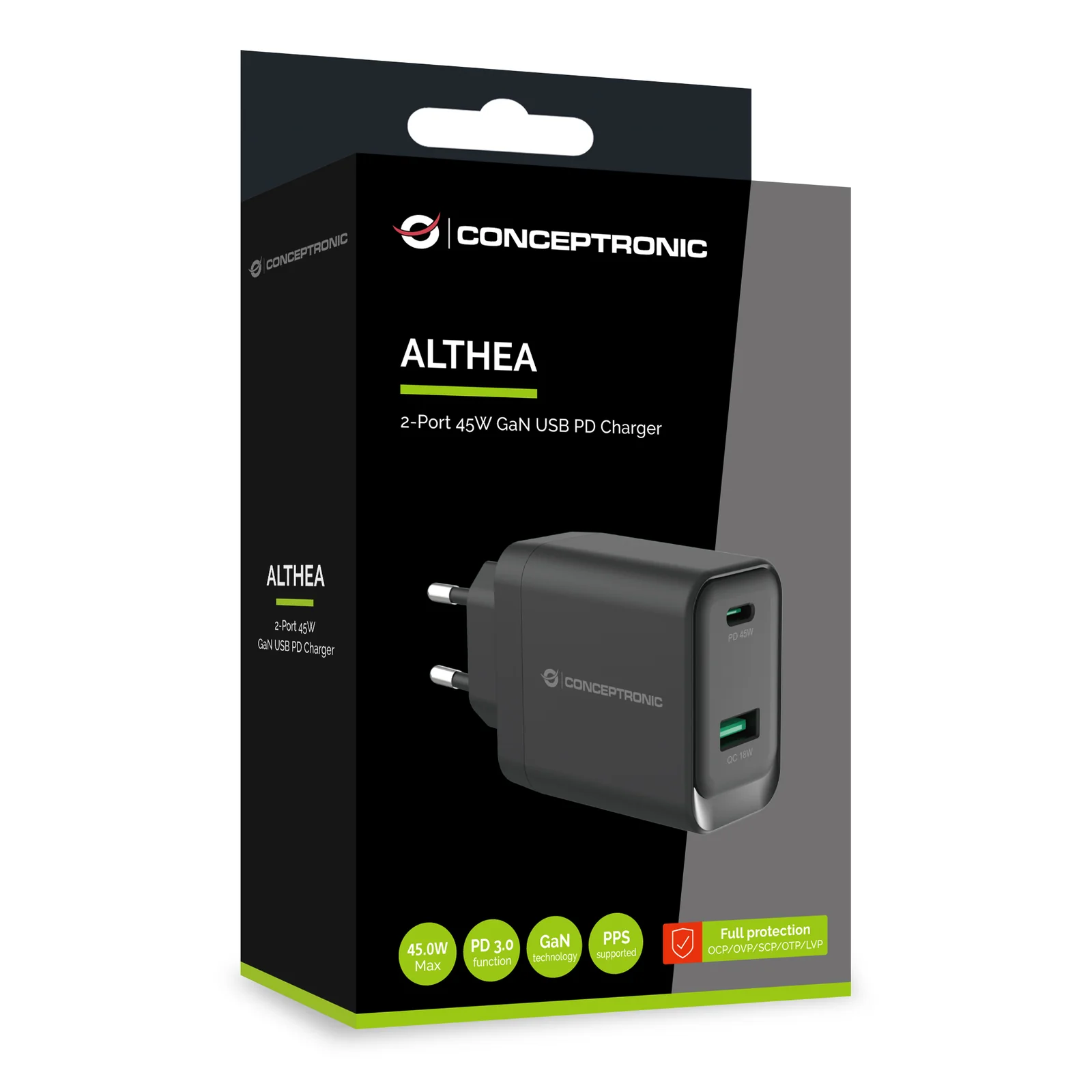 Conceptronic ALTHEA20B45 chargeur d'appareils mobiles Universel Noir Secteur Charge rapide Intérieure