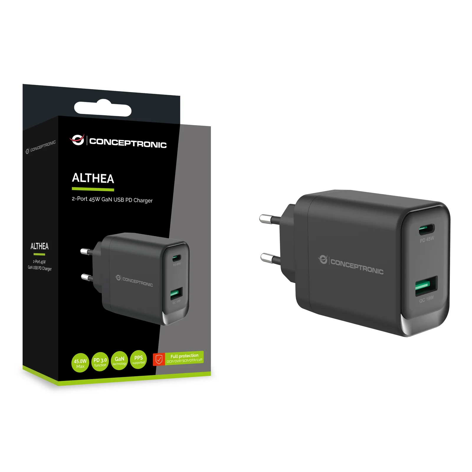 Conceptronic ALTHEA20B45 chargeur d'appareils mobiles Universel Noir Secteur Charge rapide Intérieure