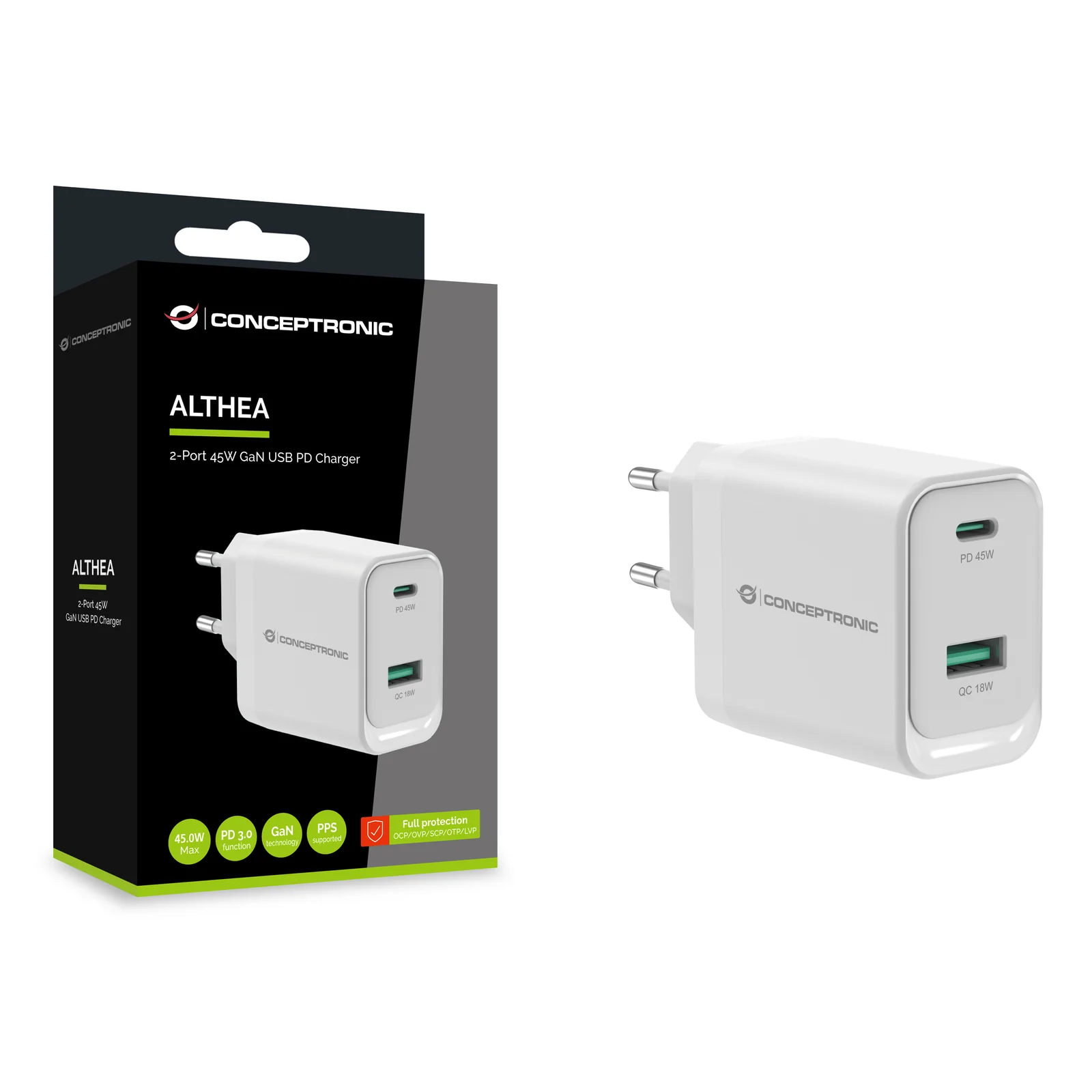 Conceptronic ALTHEA20W45 chargeur d'appareils mobiles Universel Blanc Secteur Charge rapide Intérieure