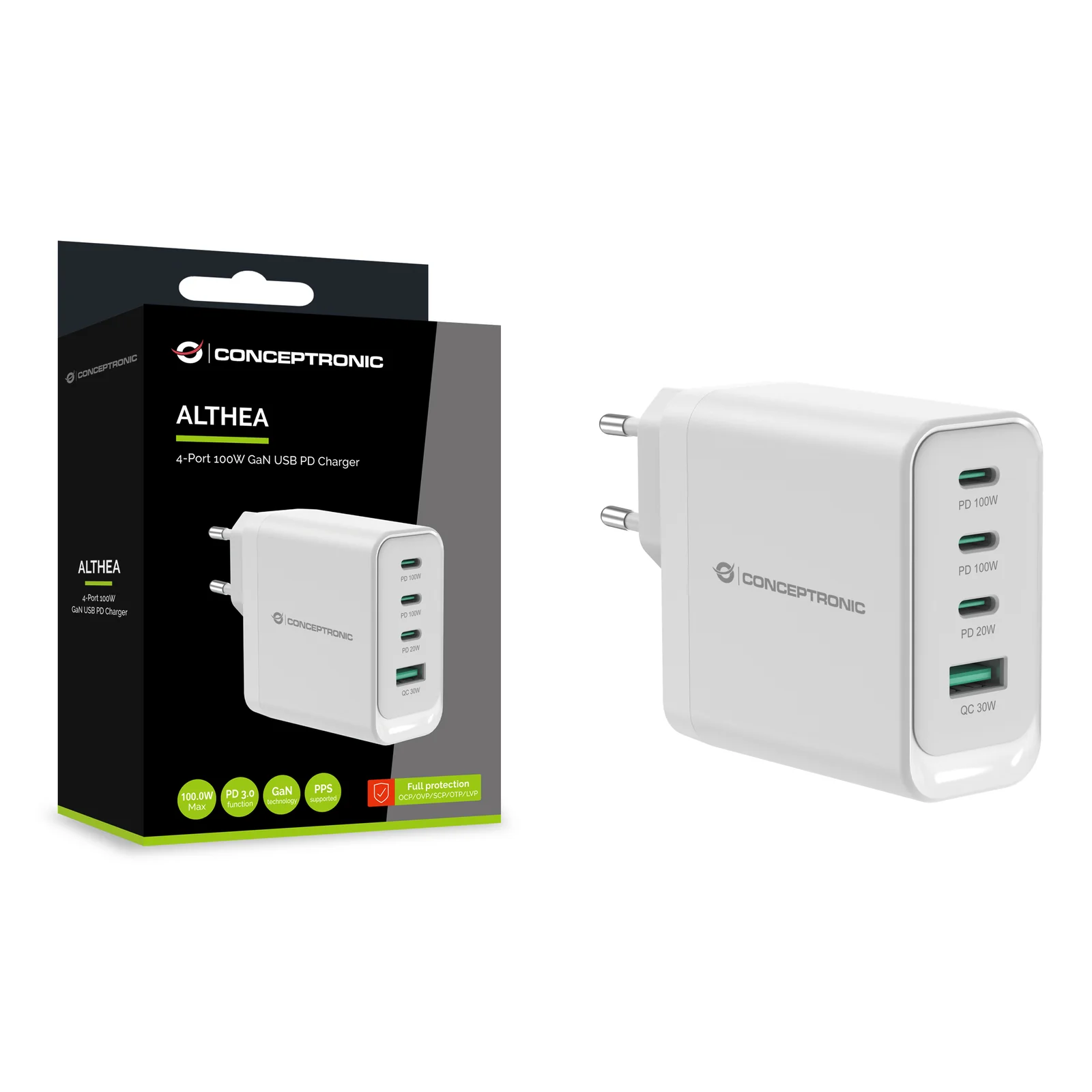 Conceptronic ALTHEA22W100 chargeur d'appareils mobiles Universel Blanc Secteur Charge rapide Intérieure