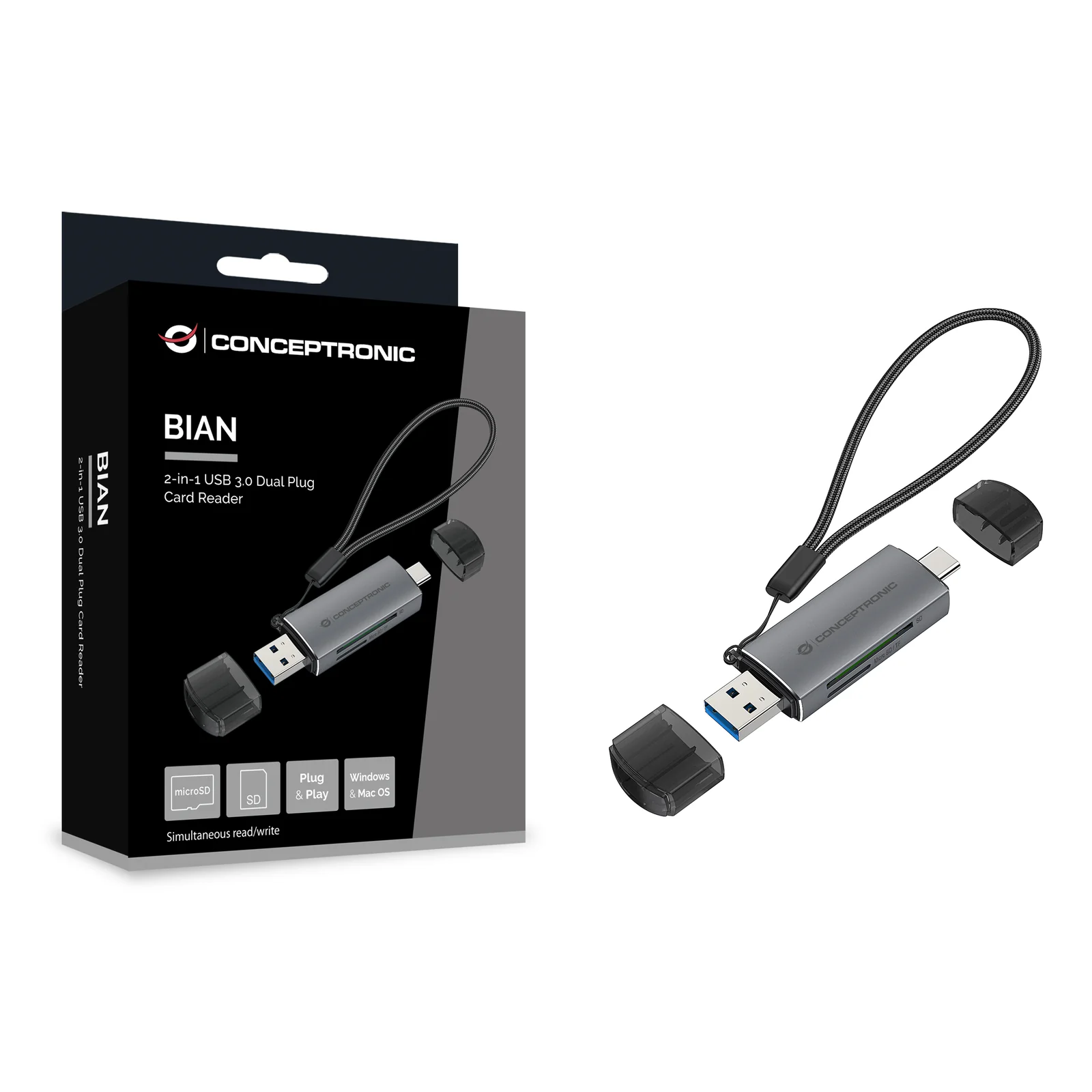 Conceptronic BIAN05G lecteur de carte mémoire USB 3.2 Gen 1 (3.1 Gen 1) Type-A/Type-C Gris