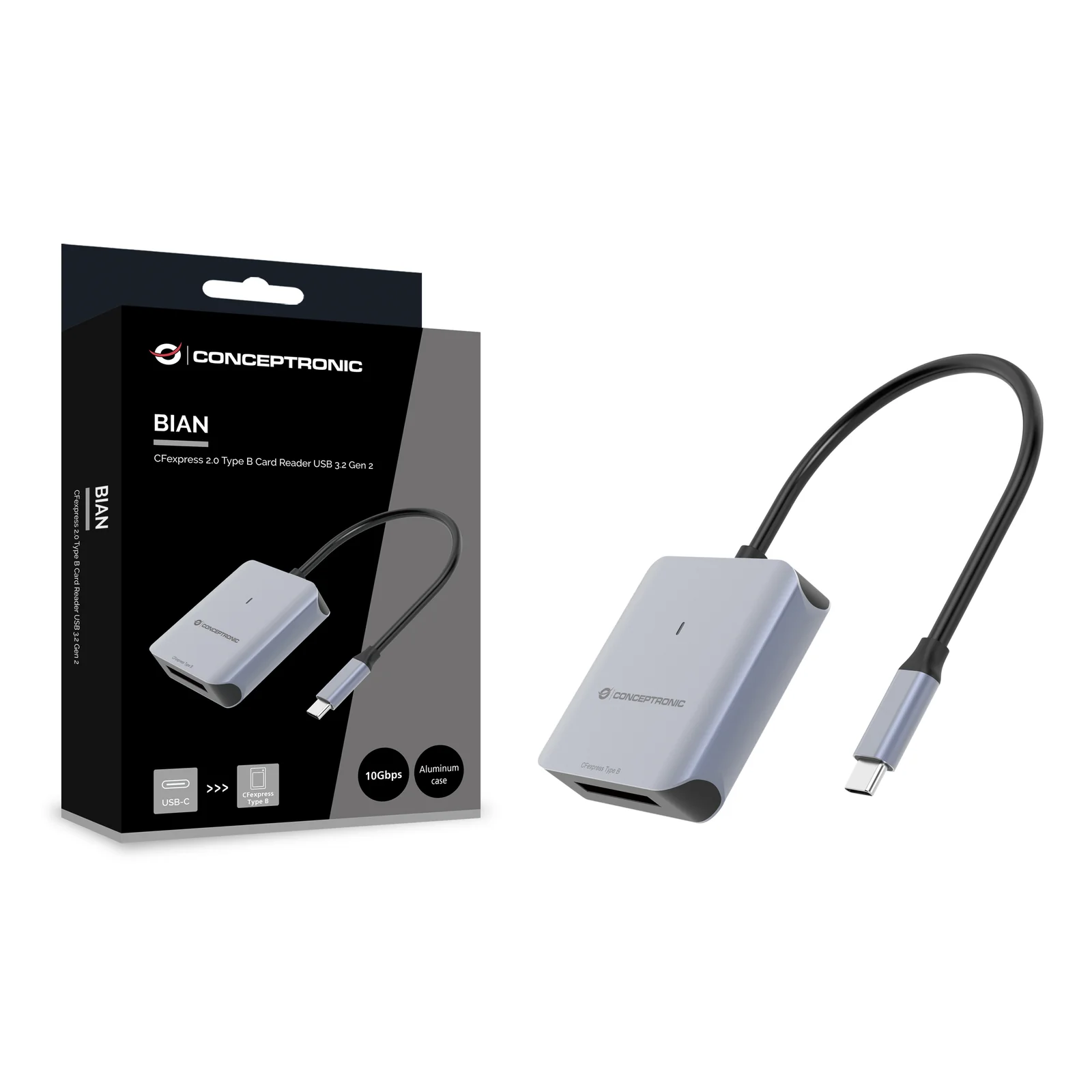 Conceptronic BIAN08G lecteur de carte mémoire USB 3.2 Gen 2 Type-C Gris