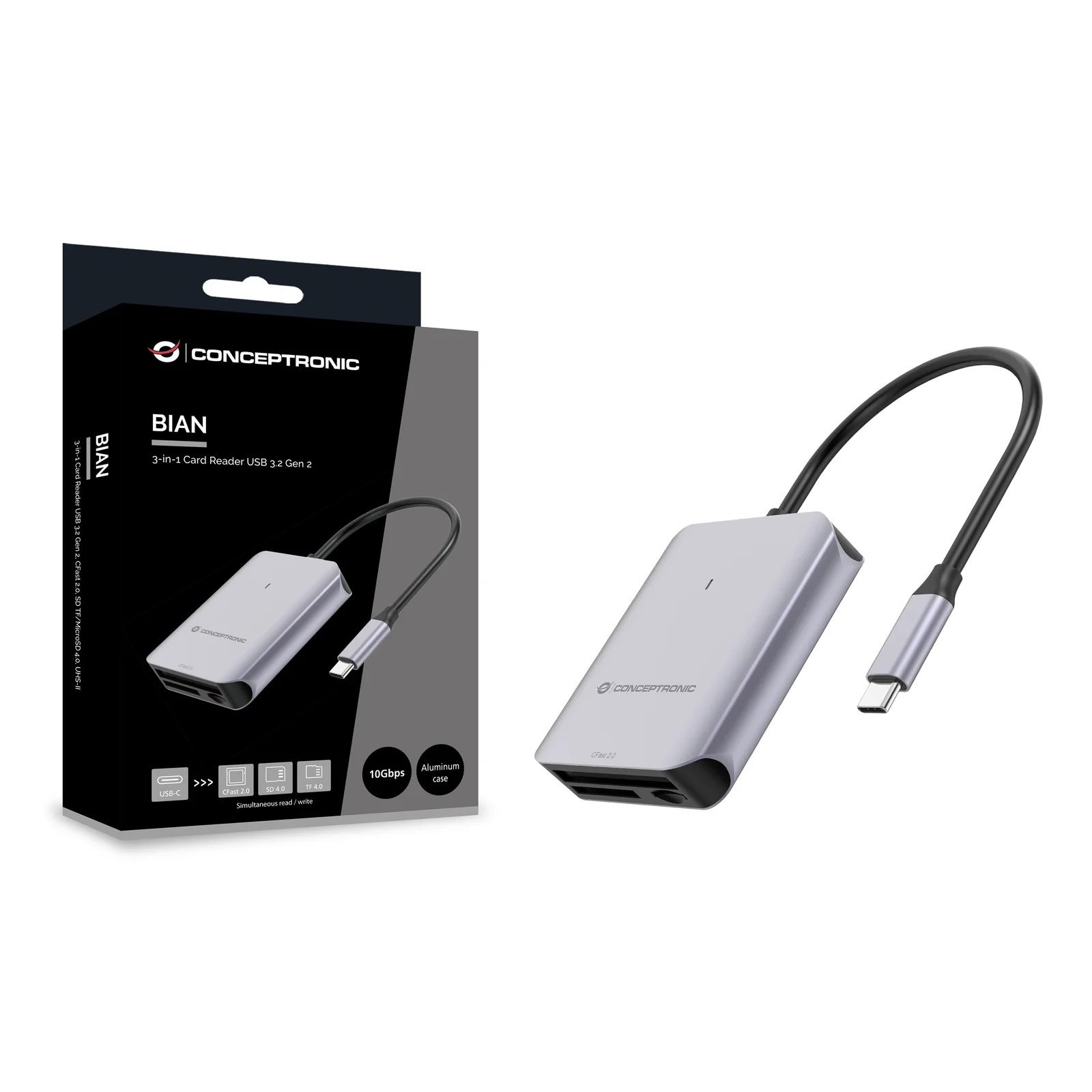 Conceptronic BIAN09G lecteur de carte mémoire USB 3.2 Gen 2 Type-C Gris