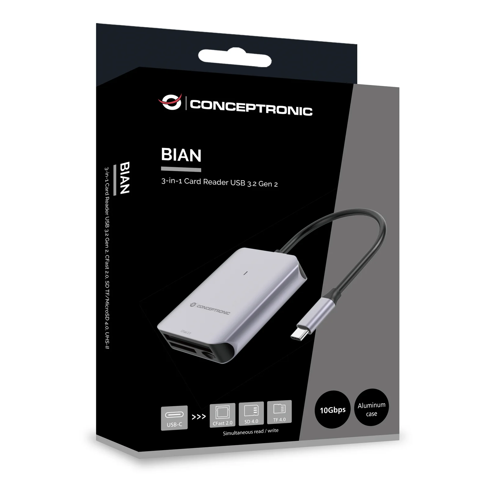 Conceptronic BIAN09G lecteur de carte mémoire USB 3.2 Gen 2 Type-C Gris
