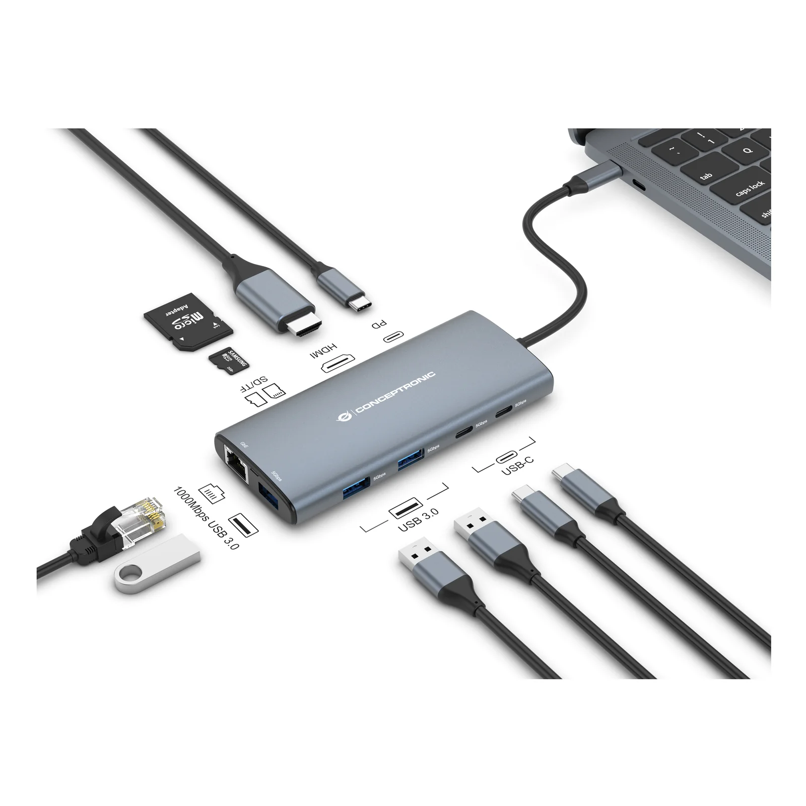 Conceptronic DONN06G Avec fil USB 3.2 Gen 1 (3.1 Gen 1) Type-C Gris