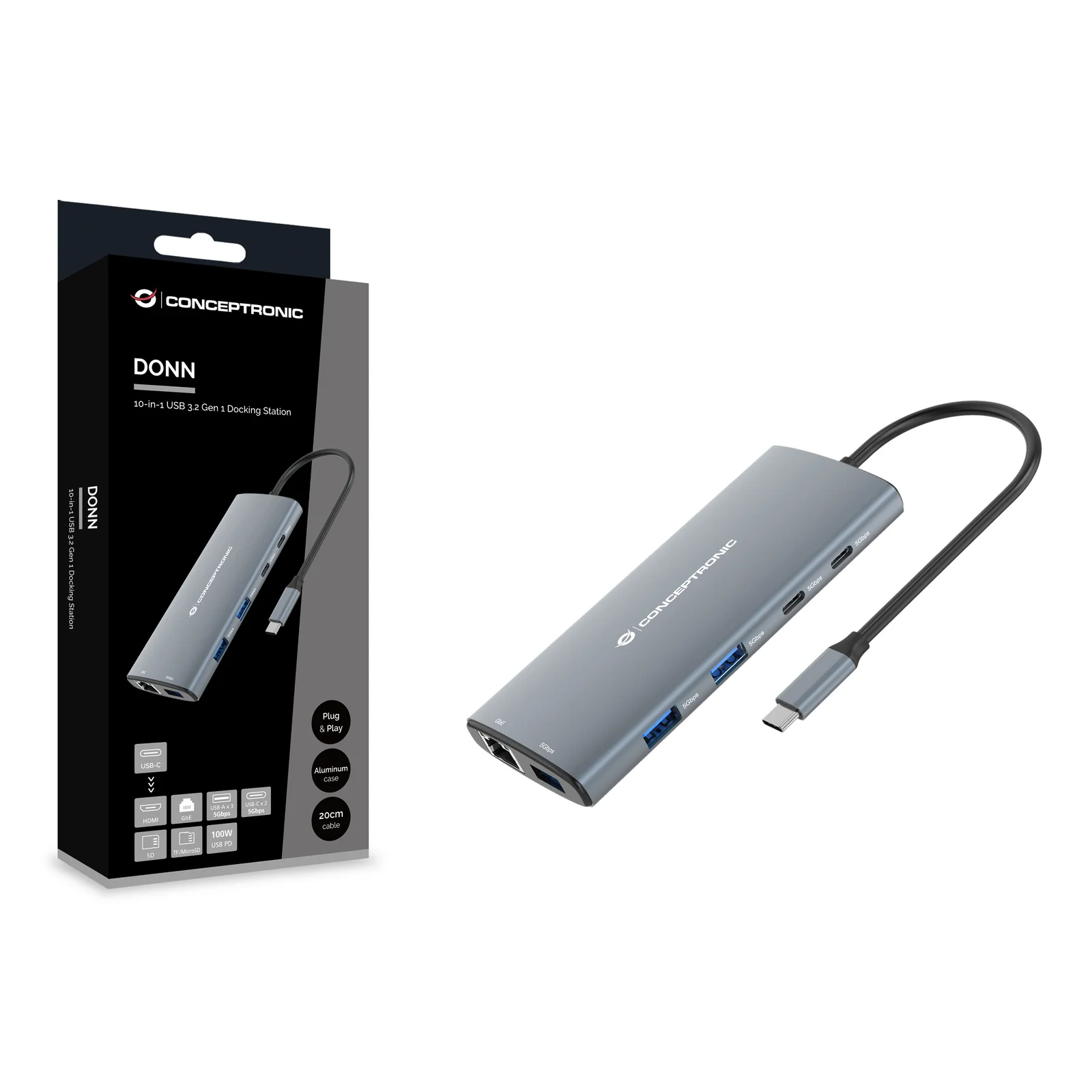 Conceptronic DONN06G Avec fil USB 3.2 Gen 1 (3.1 Gen 1) Type-C Gris