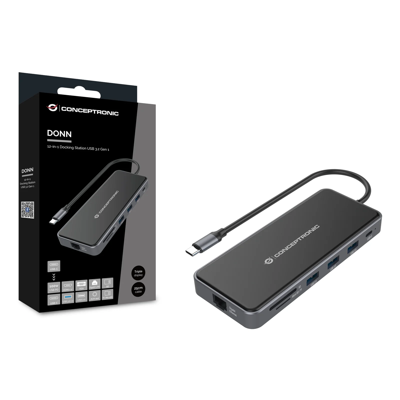 Conceptronic DONN15G station d'accueil Avec fil USB 3.2 Gen 1 (3.1 Gen 1) Type-C Gris