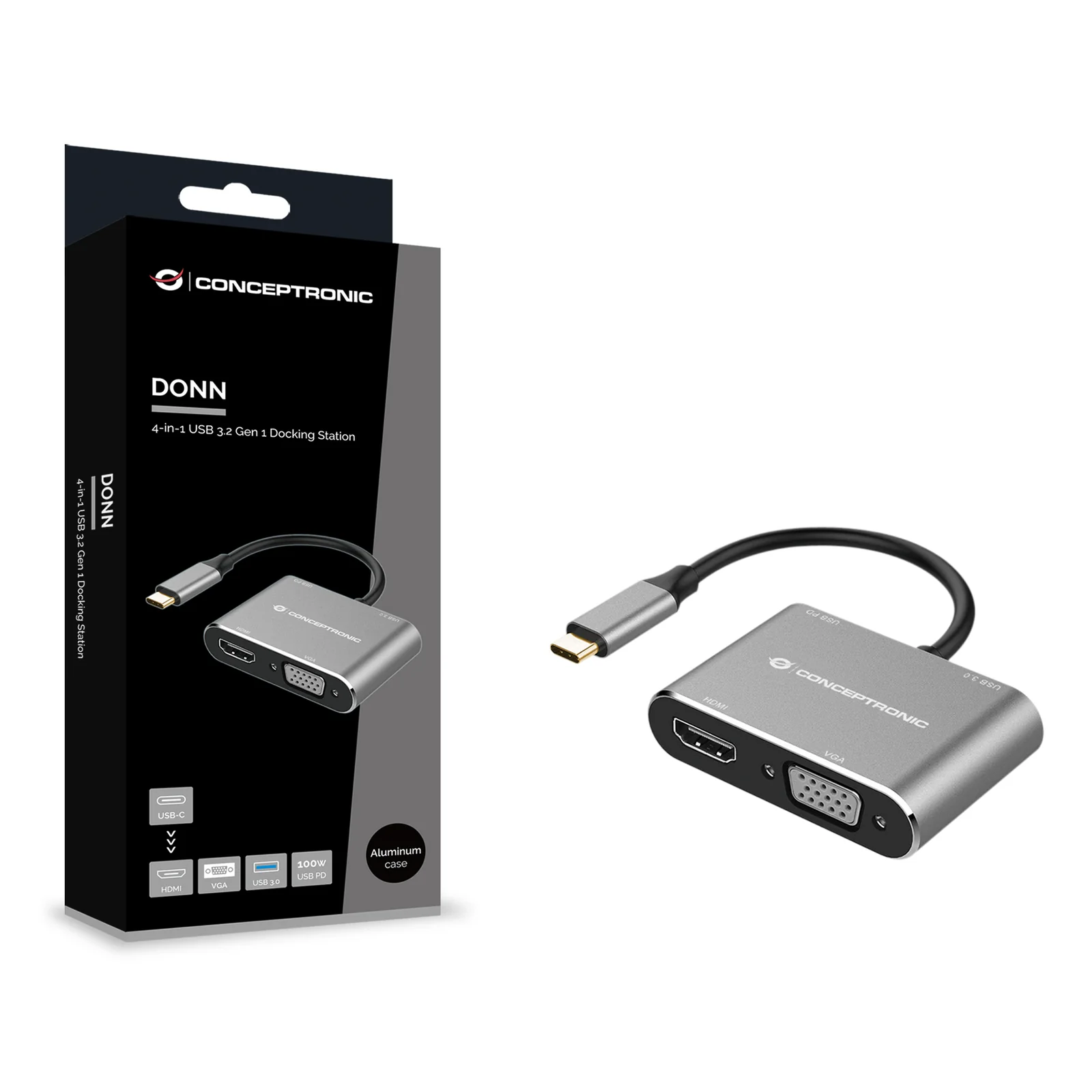 Conceptronic DONN16G station d'accueil Avec fil USB 3.2 Gen 1 (3.1 Gen 1) Type-C Noir, Argent