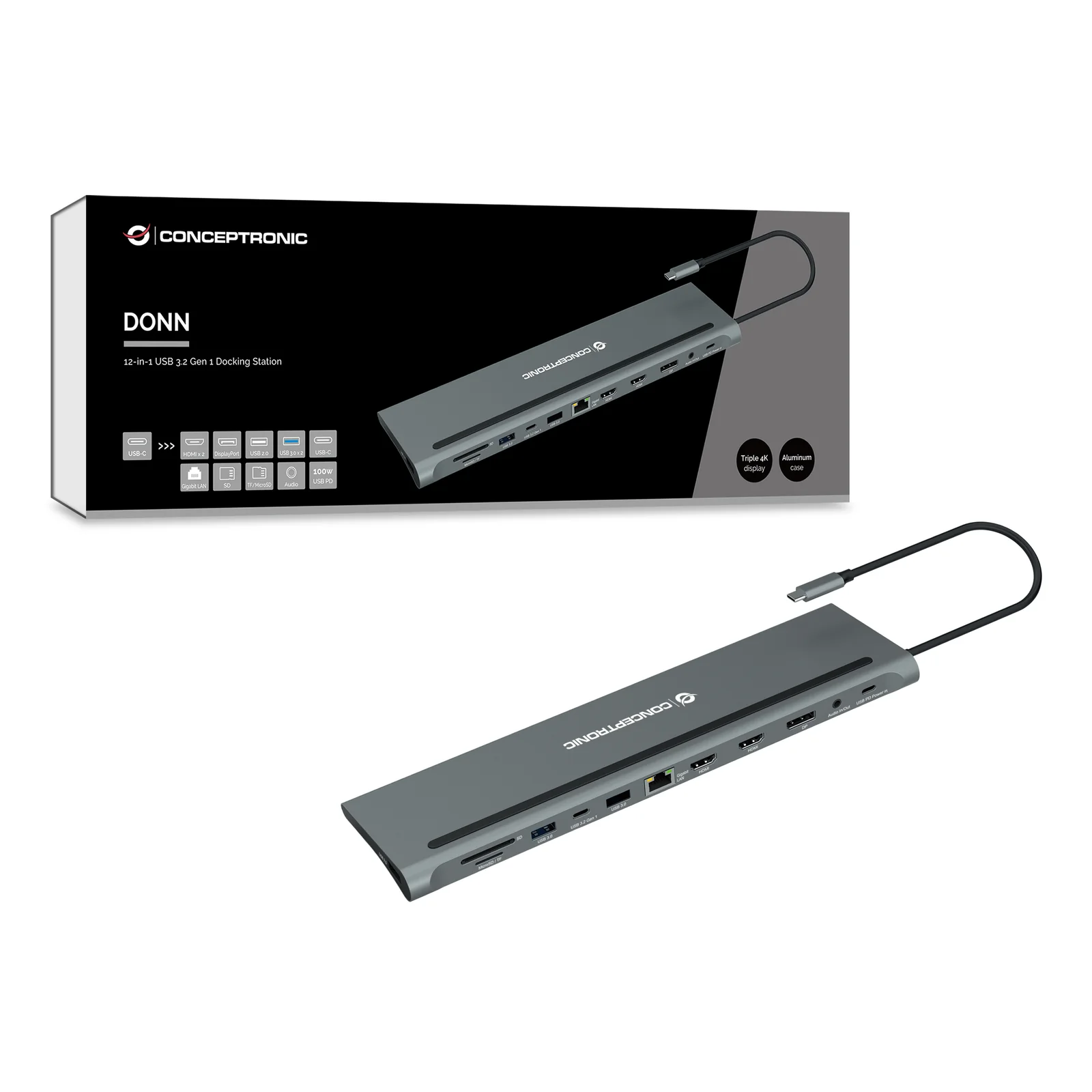 Conceptronic DONN17G station d'accueil Avec fil USB 3.2 Gen 1 (3.1 Gen 1) Type-C Gris