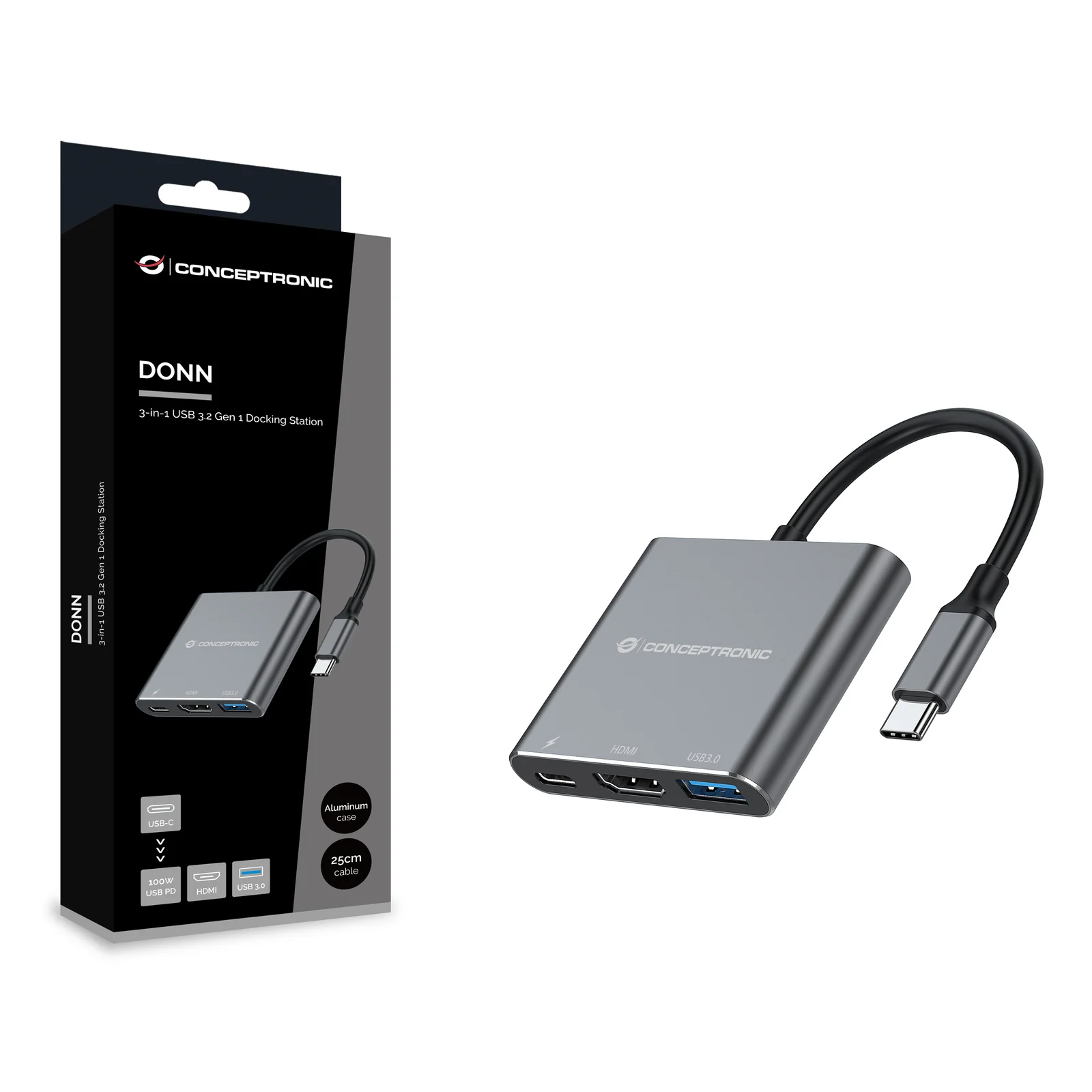 Conceptronic DONN18G station d'accueil Avec fil USB 3.2 Gen 1 (3.1 Gen 1) Type-C Gris