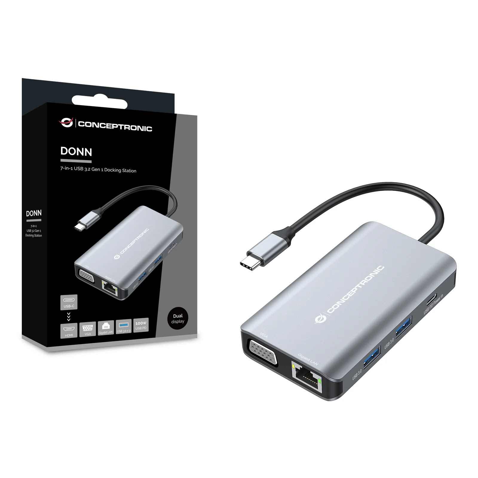 Conceptronic DONN21G station d'accueil Avec fil USB 3.2 Gen 1 (3.1 Gen 1) Type-C Gris