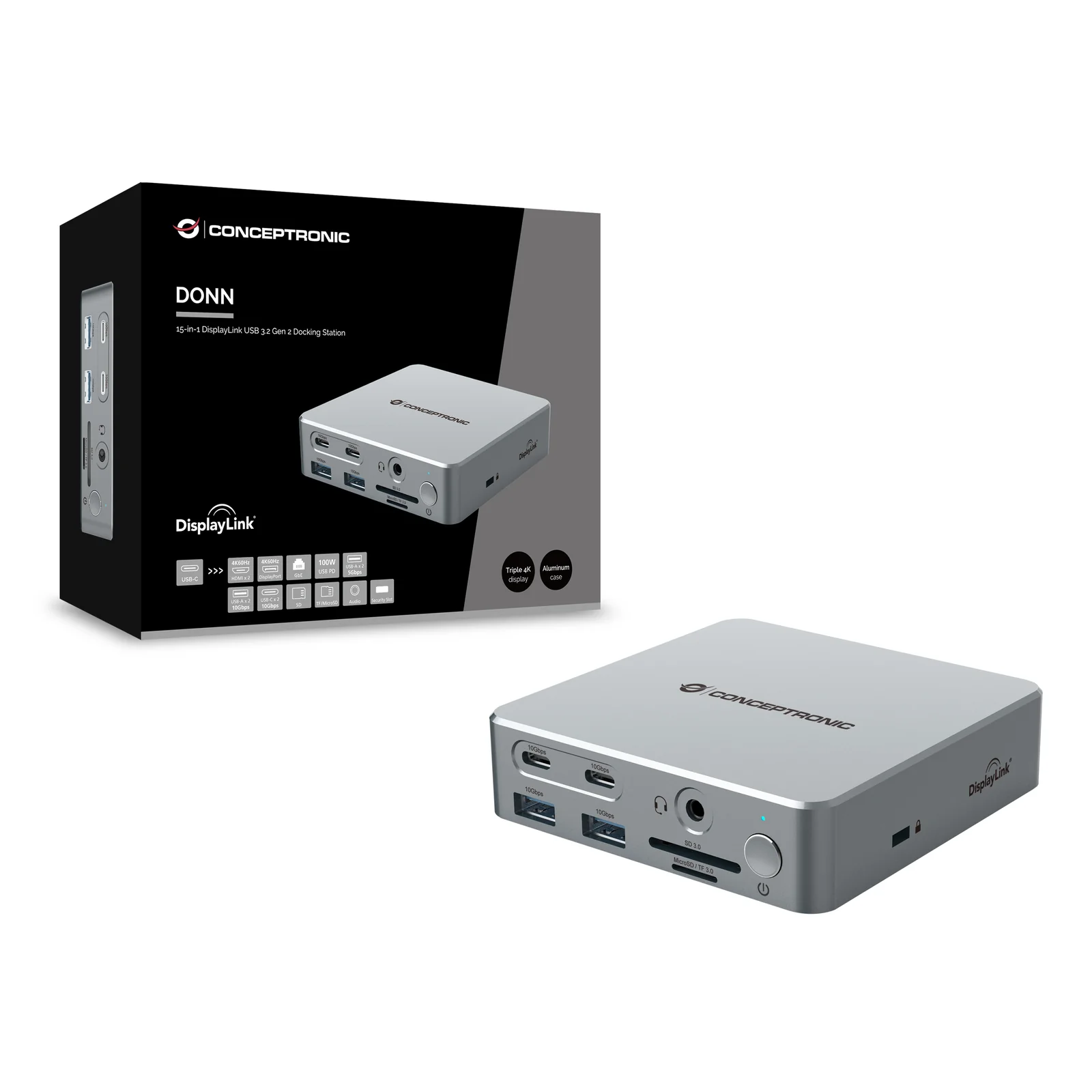 Conceptronic DONN25G station d'accueil Avec fil USB 3.2 Gen 2 (3.1 Gen 2) Type-C Argent