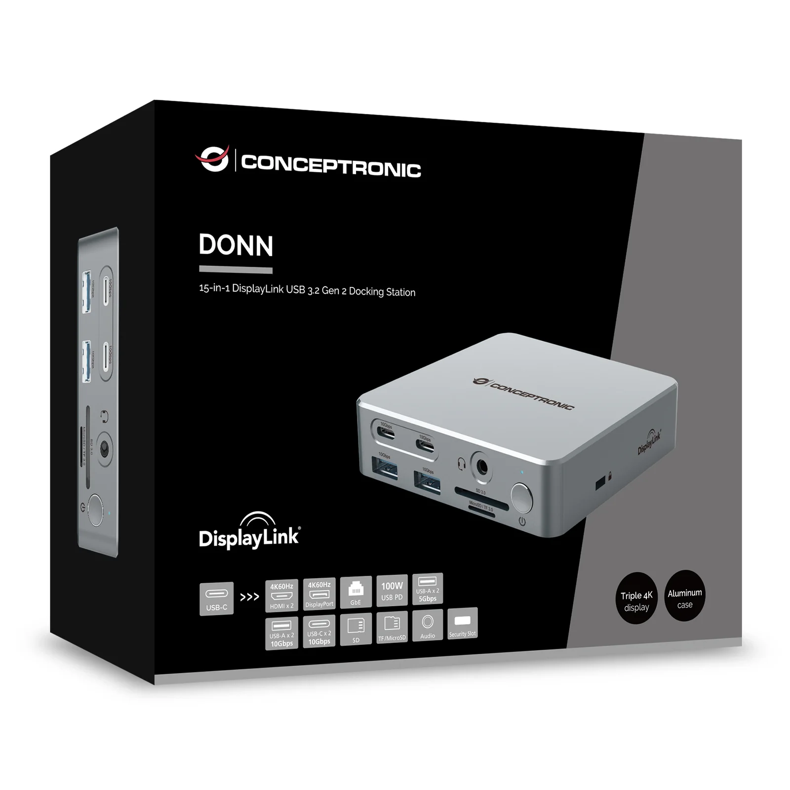 Conceptronic DONN25G station d'accueil Avec fil USB 3.2 Gen 2 (3.1 Gen 2) Type-C Argent