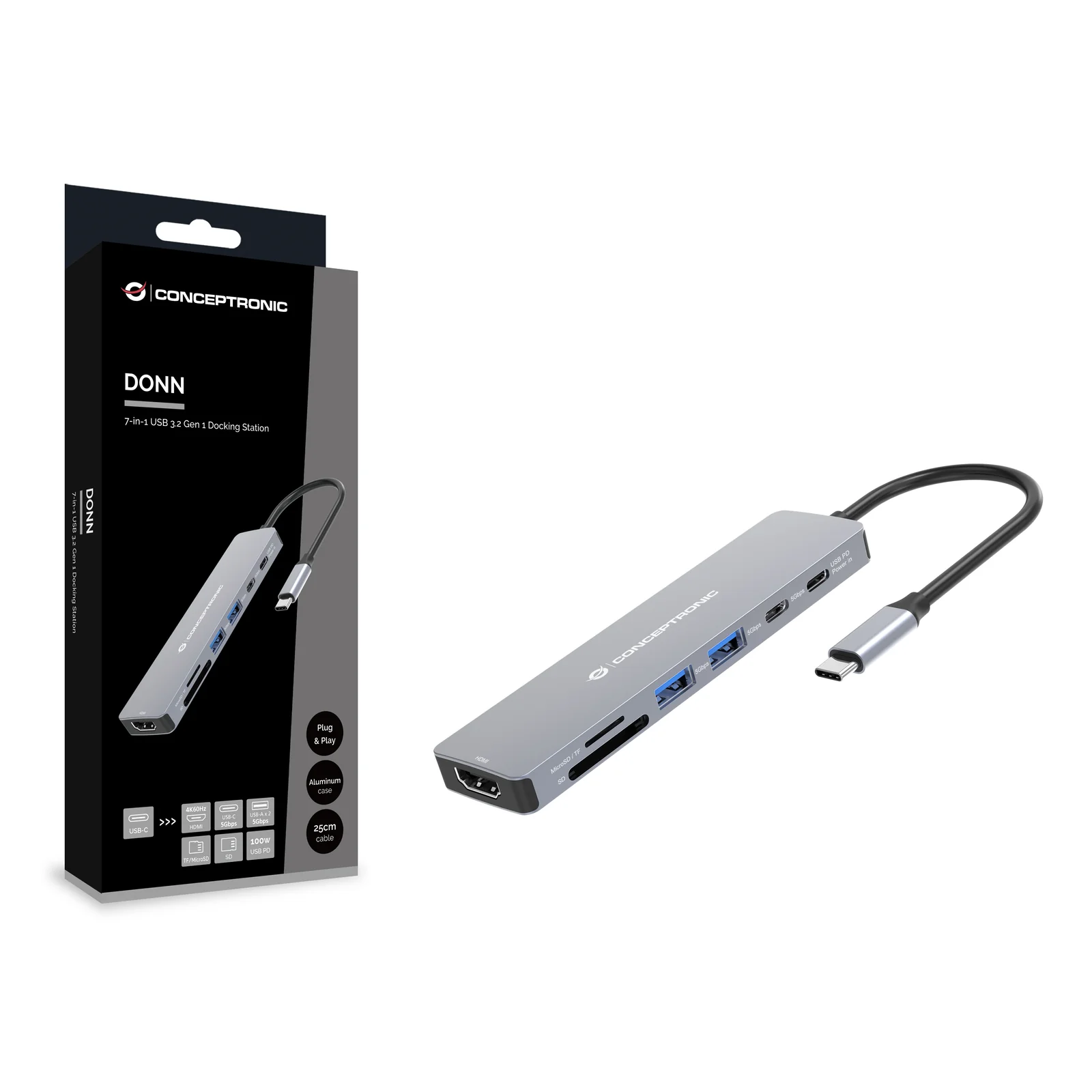 Conceptronic DONN28G Avec fil USB 3.2 Gen 1 (3.1 Gen 1) Type-C Gris