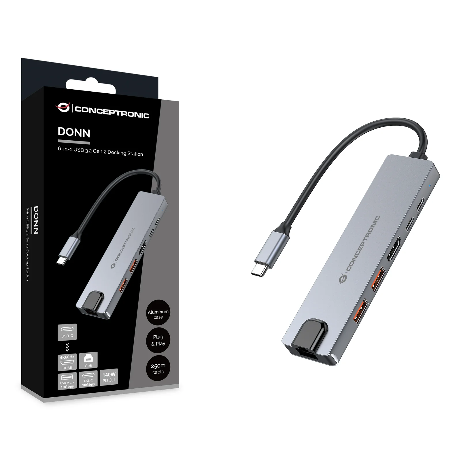 Conceptronic DONN29G station d'accueil Avec fil USB 3.2 Gen 2 (3.1 Gen 2) Type-C Gris