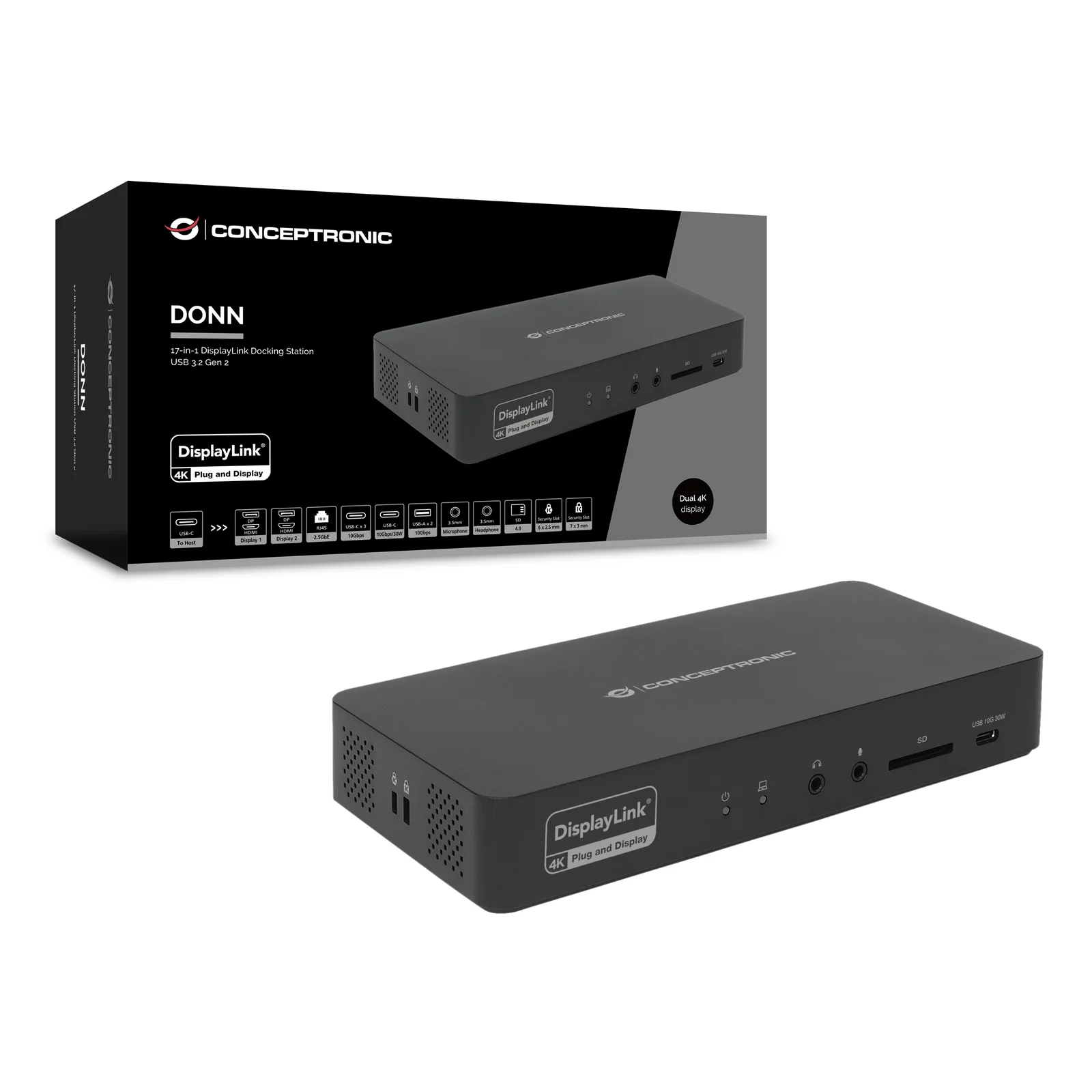 Conceptronic DONN31B station d'accueil Avec fil USB 3.2 Gen 2 (3.1 Gen 2) Type-C Noir