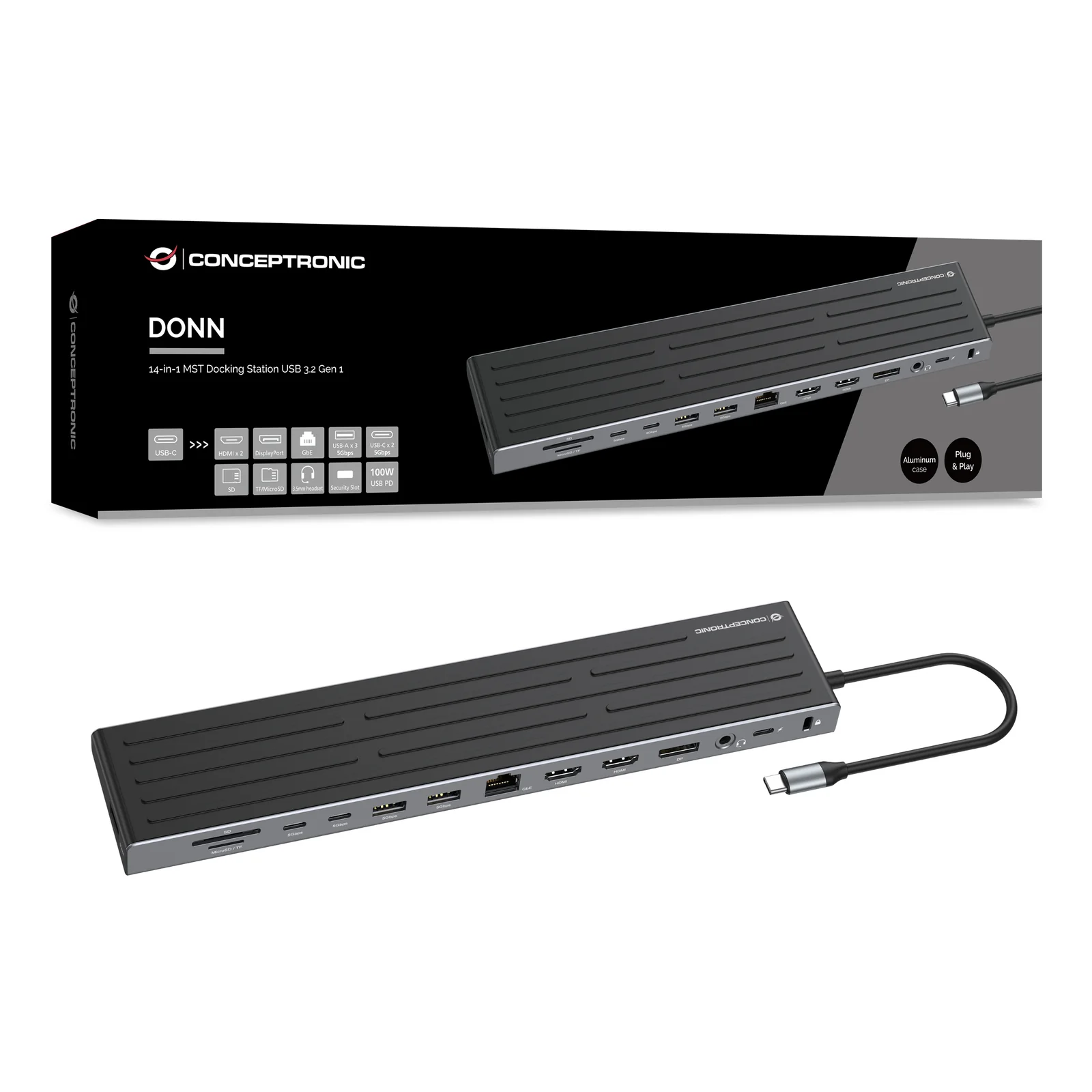 Conceptronic DONN32B station d'accueil Avec fil USB 3.2 Gen 1 (3.1 Gen 1) Type-C Gris, Argent