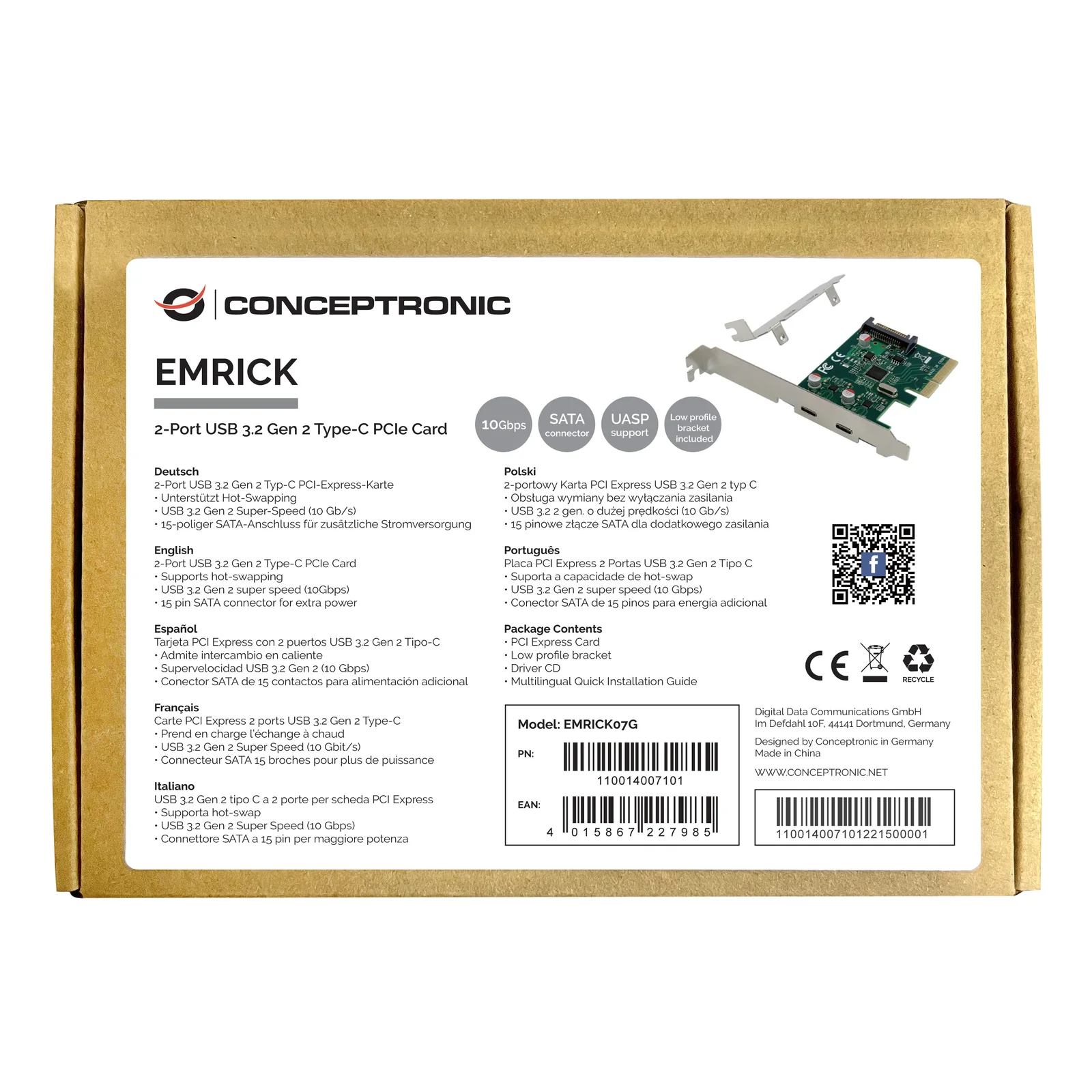 Conceptronic EMRICK07G carte et adaptateur d'interfaces Interne USB 3.2 Gen 2 (3.1 Gen 2)
