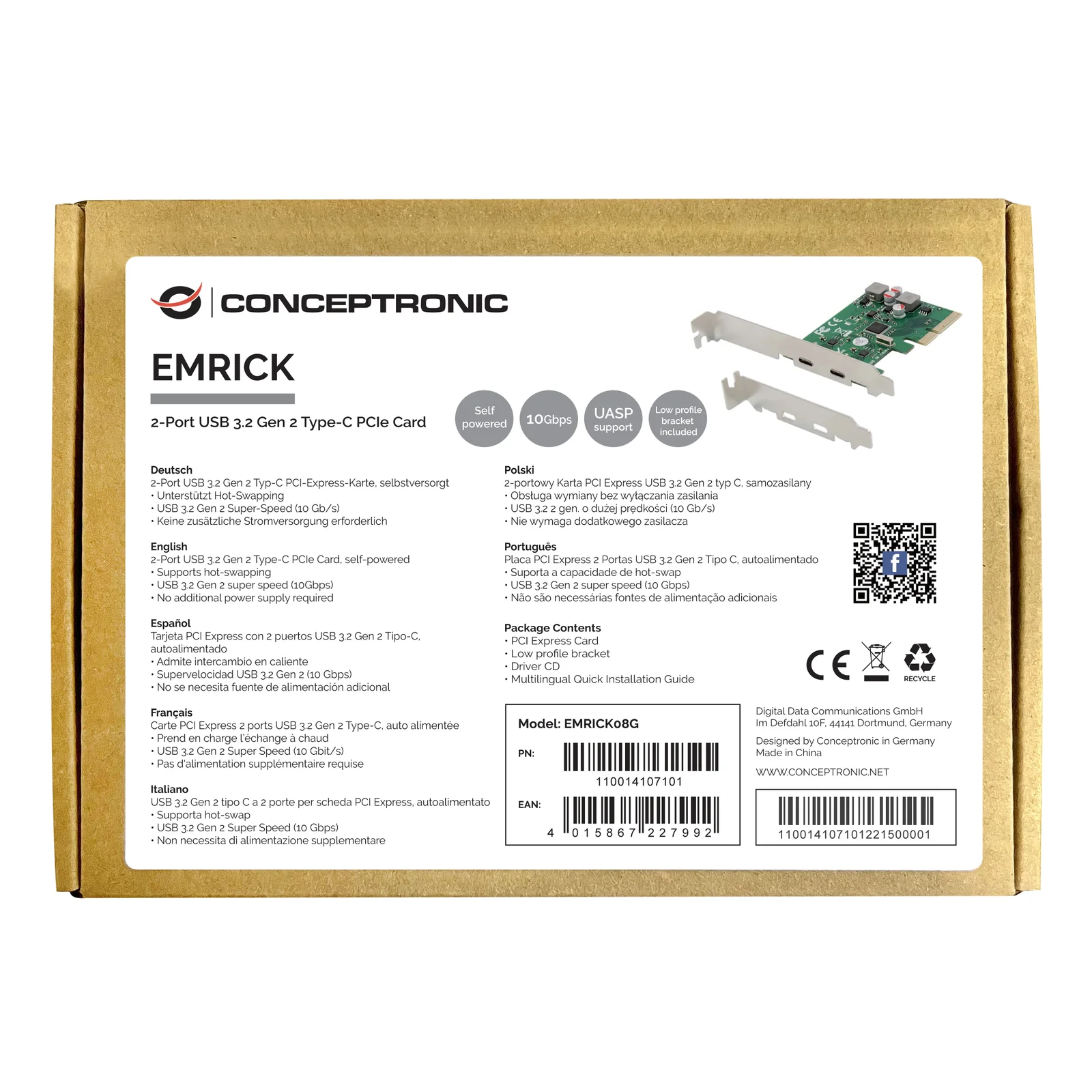 Conceptronic EMRICK08G carte et adaptateur d'interfaces Interne USB 3.2 Gen 2 (3.1 Gen 2)