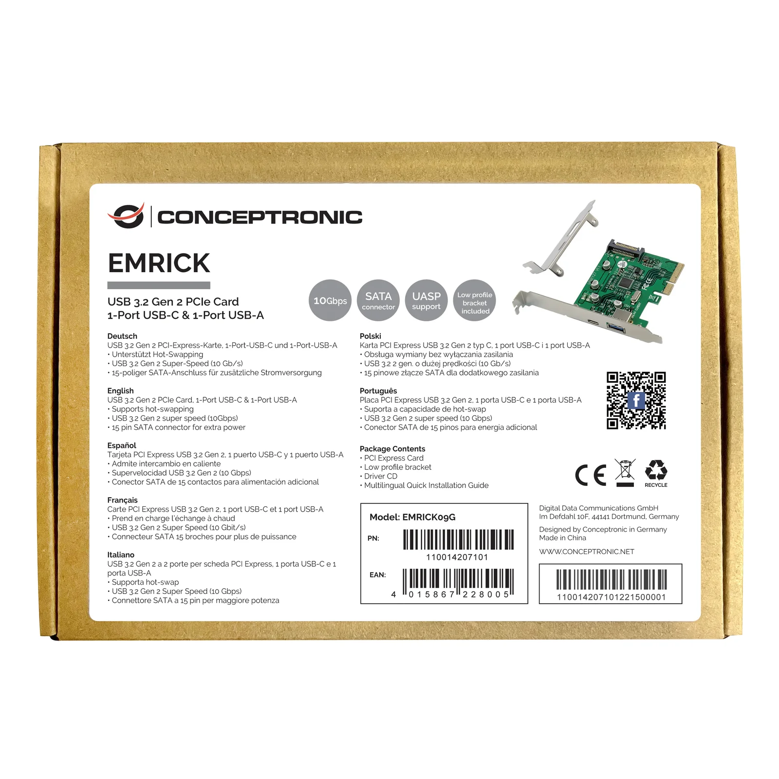 Conceptronic EMRICK09G carte et adaptateur d'interfaces Interne USB 3.2 Gen 2 (3.1 Gen 2)