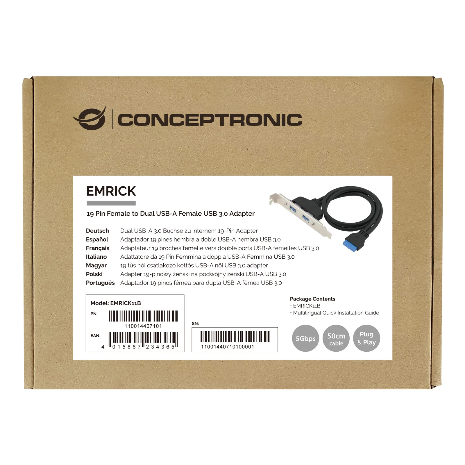 Conceptronic EMRICK11B carte et adaptateur d'interfaces Interne USB 3.2 Gen 1 (3.1 Gen 1)