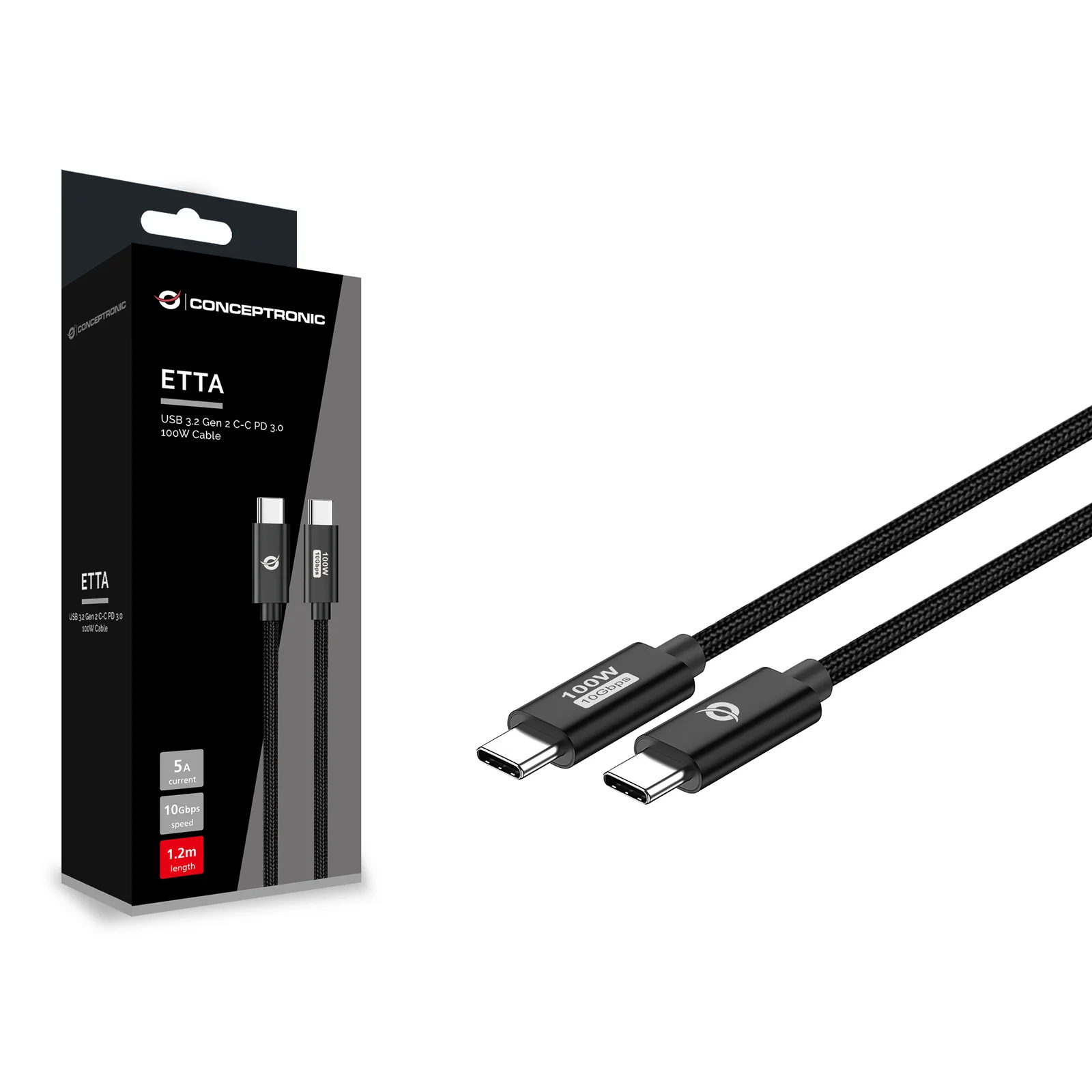 Conceptronic ETTA02B12 câble USB USB 3.2 Gen 2 (3.1 Gen 2) 1,2 m USB C 20 Gbit/s 100 W Noir