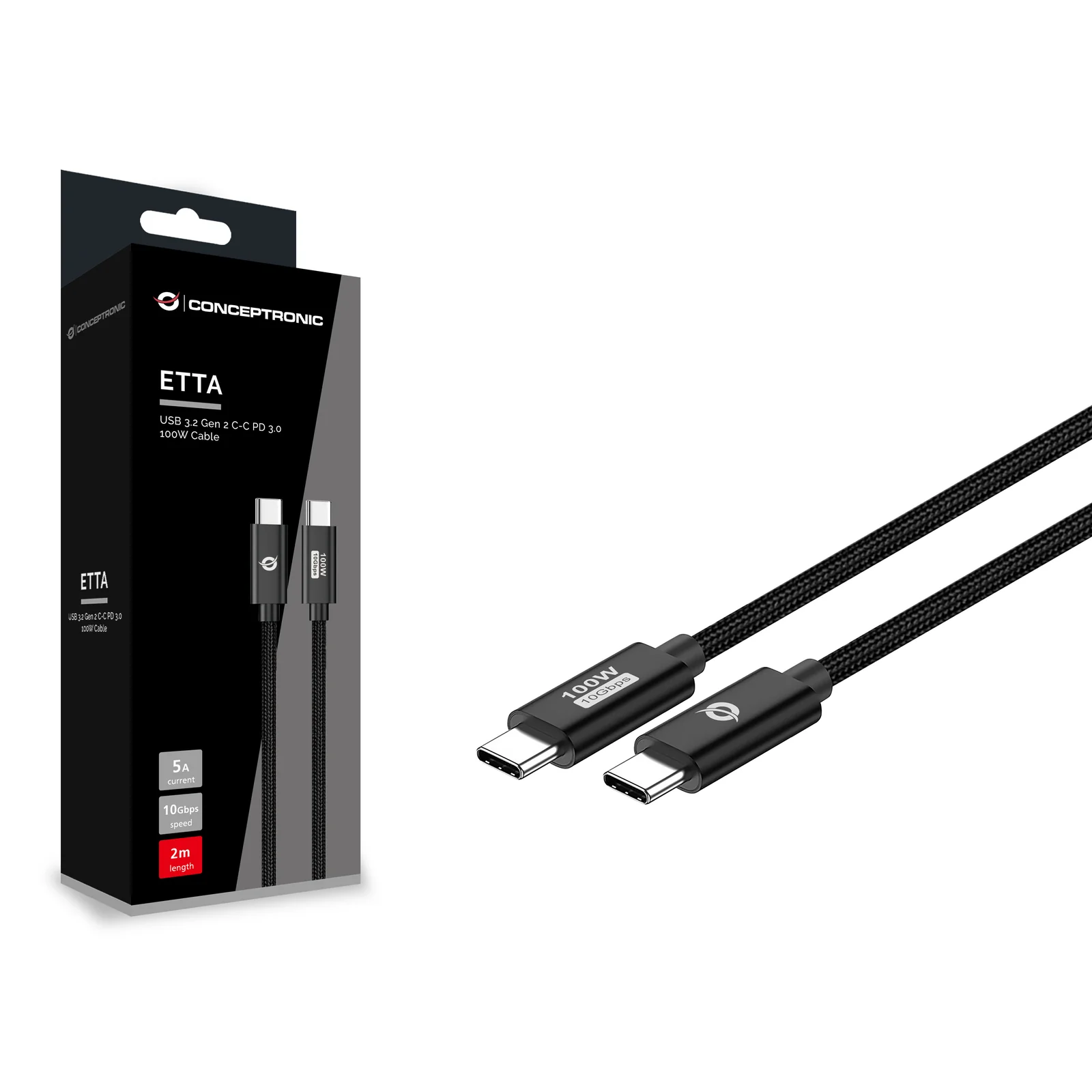Conceptronic ETTA02B20 câble USB USB 3.2 Gen 2 (3.1 Gen 2) 2 m USB C 20 Gbit/s 100 W Noir