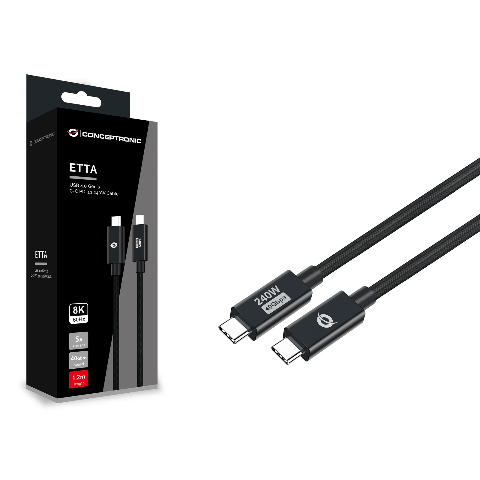 Conceptronic ETTA04B12 câble USB USB4 Gen 3x2 1,2 m USB C 40 Gbit/s 240 W Noir