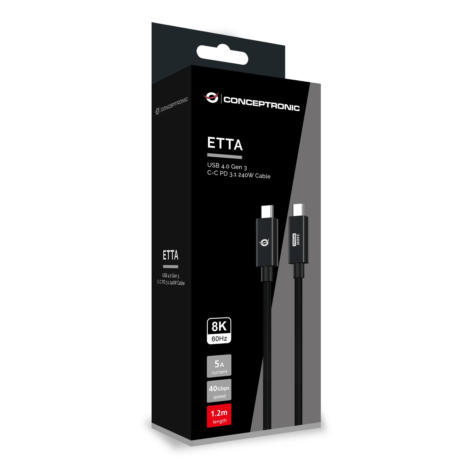 Conceptronic ETTA04B12 câble USB USB4 Gen 3x2 1,2 m USB C 40 Gbit/s 240 W Noir