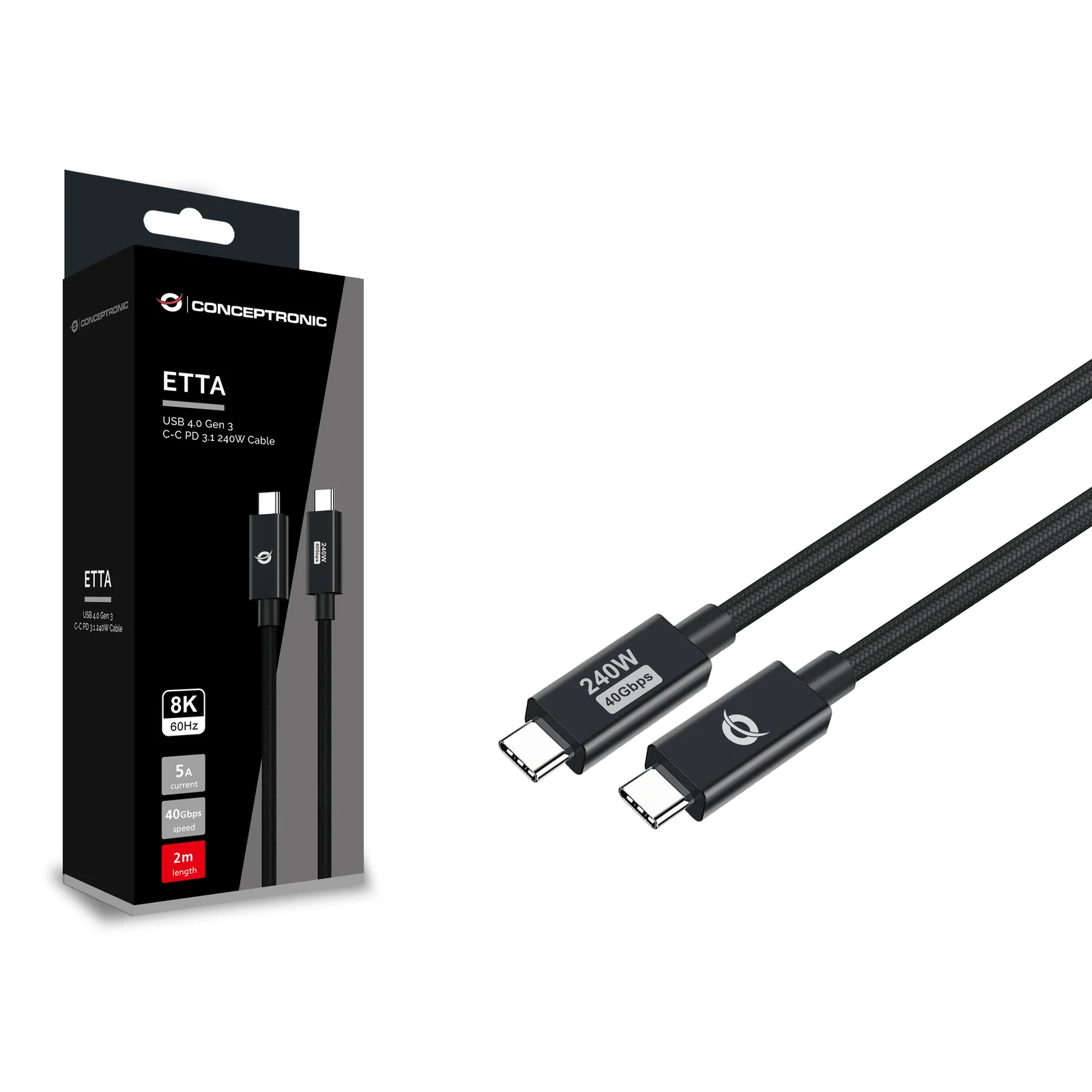Conceptronic ETTA04B20 câble USB USB4 Gen 3x2 2 m USB C 40 Gbit/s 240 W Noir