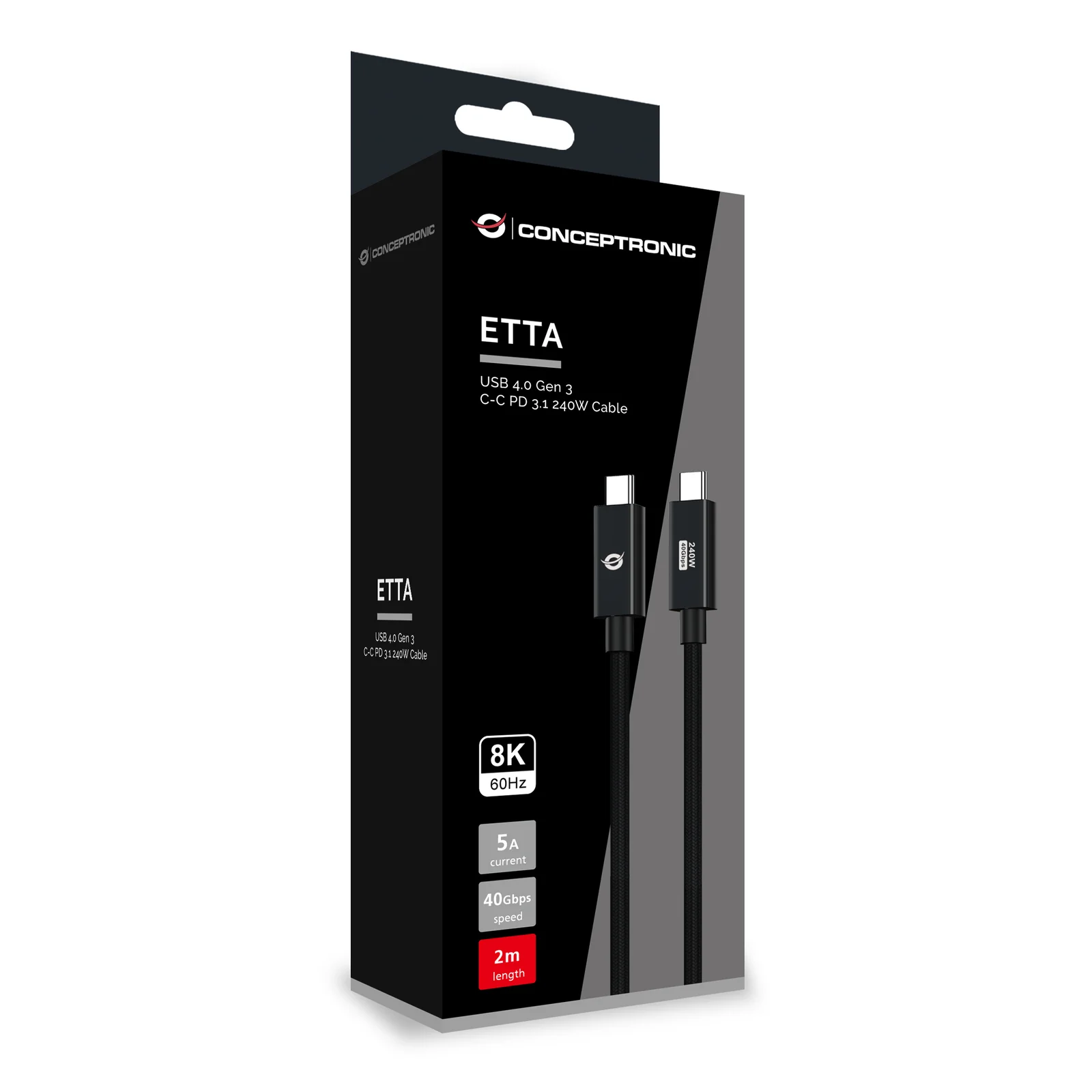 Conceptronic ETTA04B20 câble USB USB4 Gen 3x2 2 m USB C 40 Gbit/s 240 W Noir