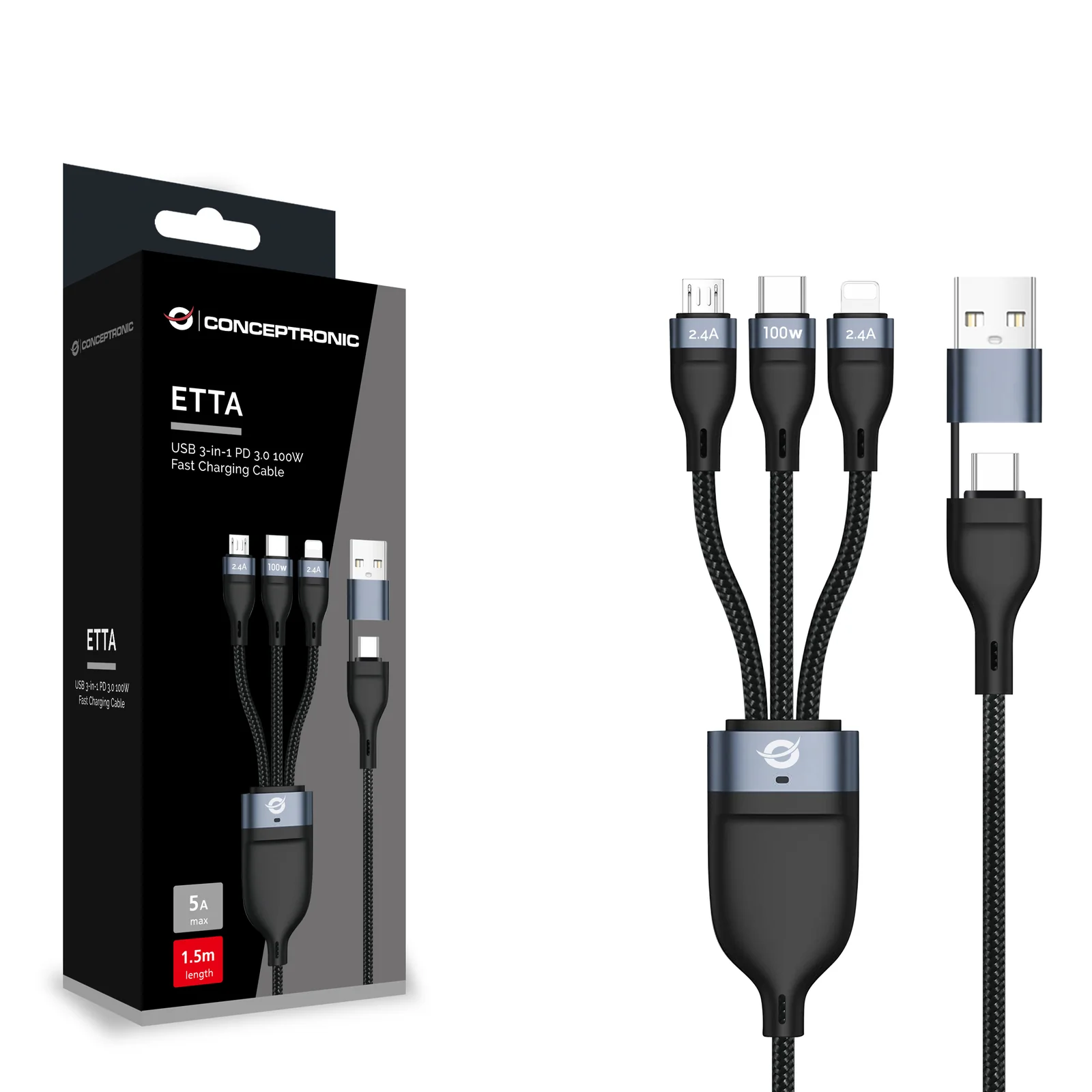 Conceptronic ETTA06B15 câble USB USB 2.0 1,5 m USB C USB C/Micro-USB B/Lightning 0,48 Gbit/s 100 W Noir