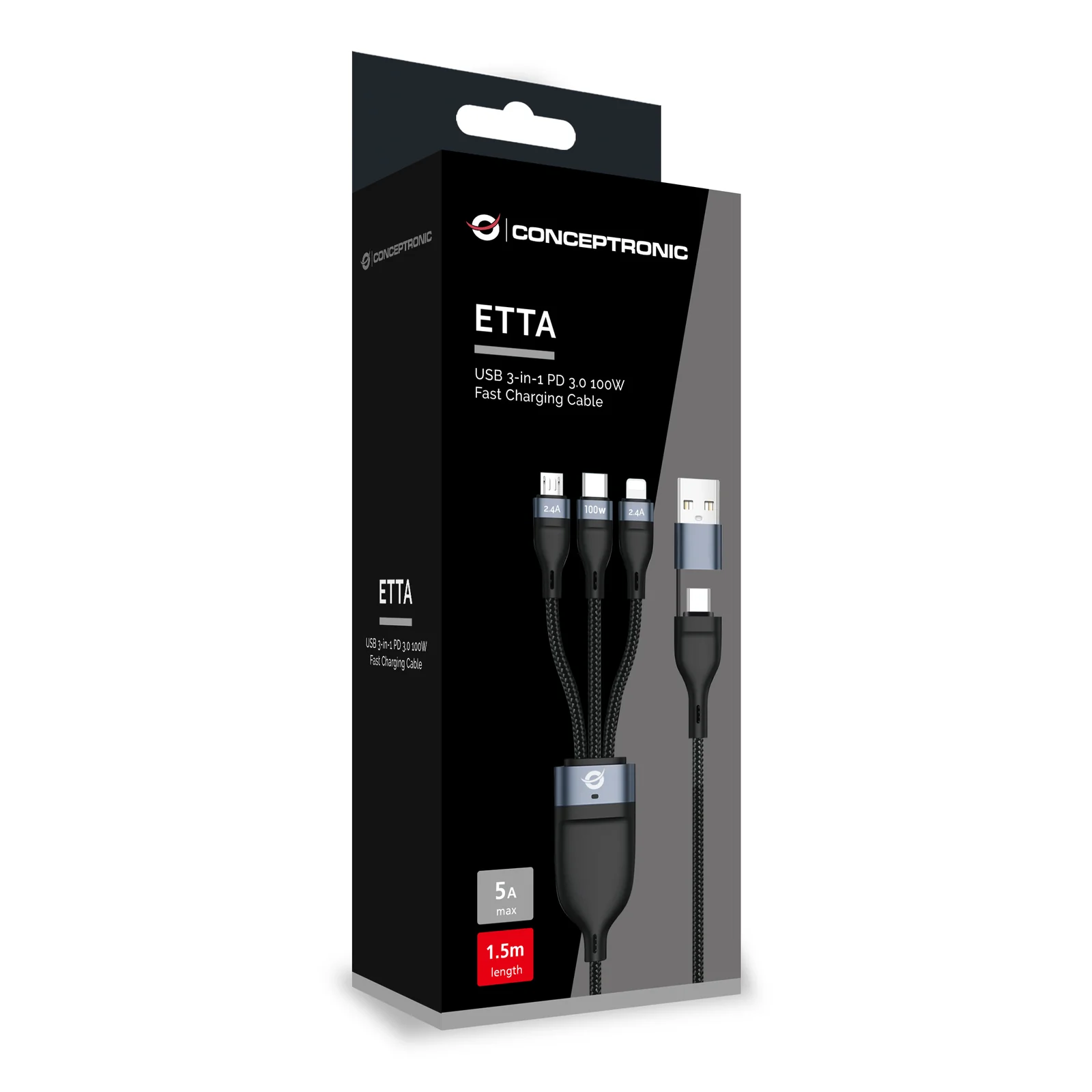 Conceptronic ETTA06B15 câble USB USB 2.0 1,5 m USB C USB C/Micro-USB B/Lightning 0,48 Gbit/s 100 W Noir