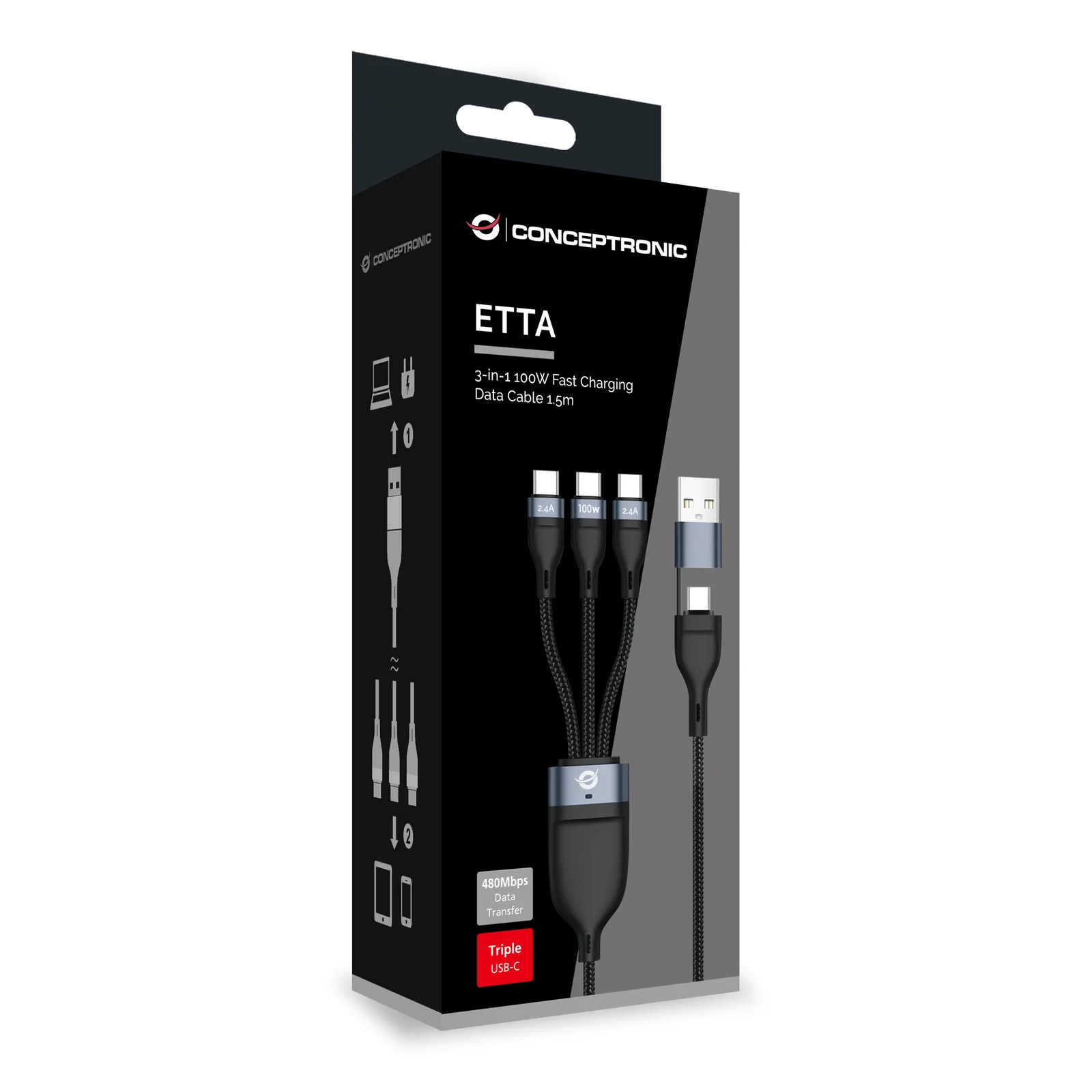 Conceptronic ETTA06B15C câble USB USB 2.0 1,5 m USB A/USB C 3 x USB C 0,48 Gbit/s 100 W Noir