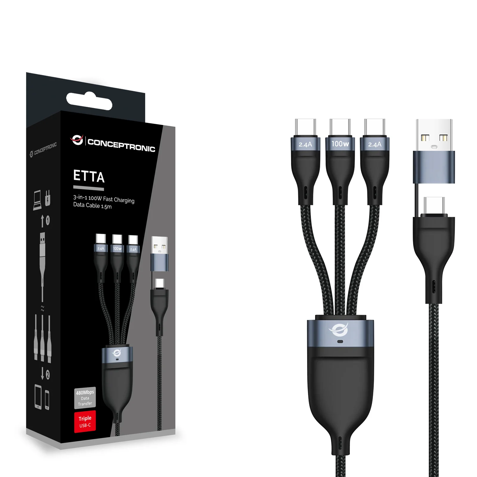 Conceptronic ETTA06B15C câble USB USB 2.0 1,5 m USB A/USB C 3 x USB C 0,48 Gbit/s 100 W Noir