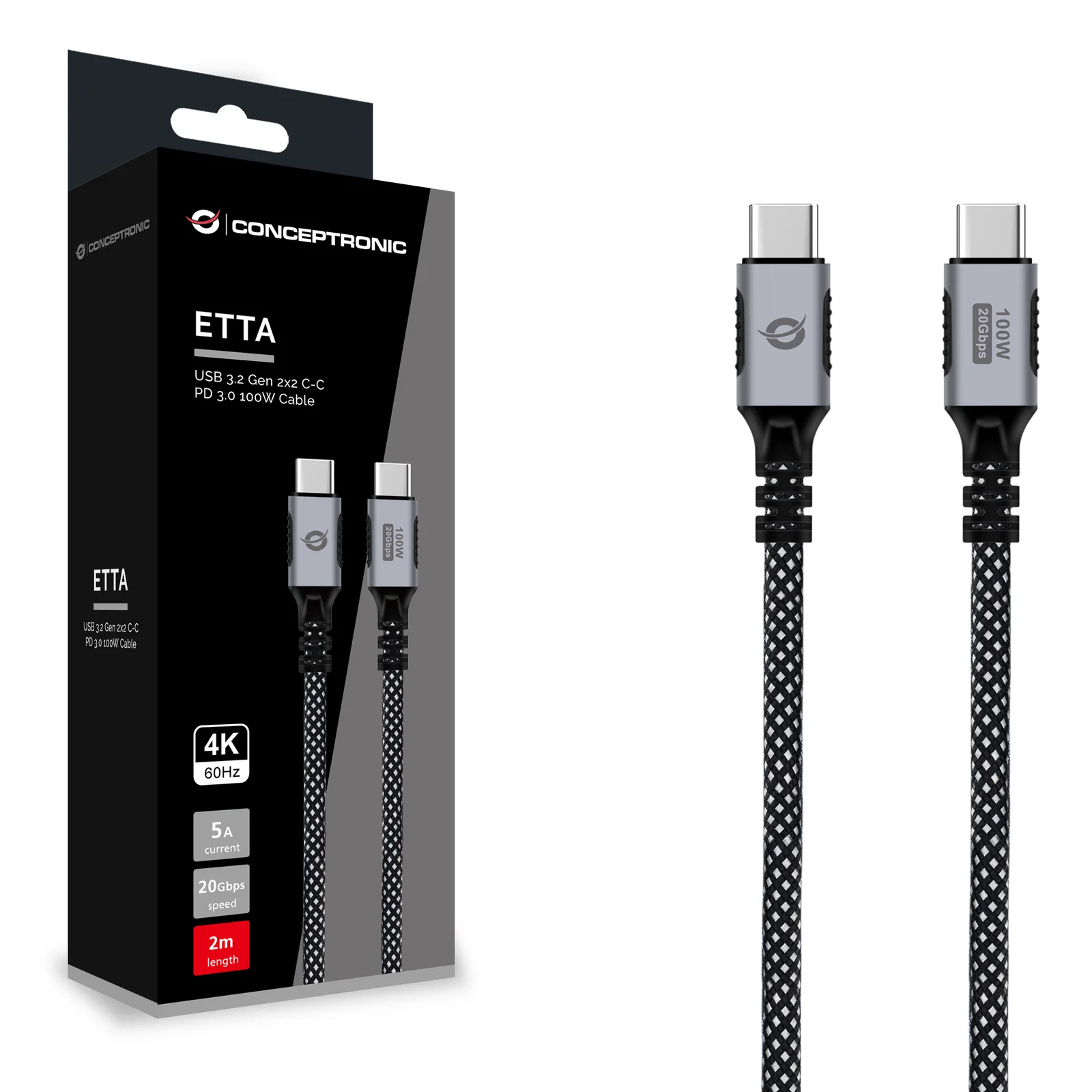 Conceptronic ETTA07B20 câble USB USB 3.2 Gen 2x2 2 m USB C 20 Gbit/s 100 W Noir