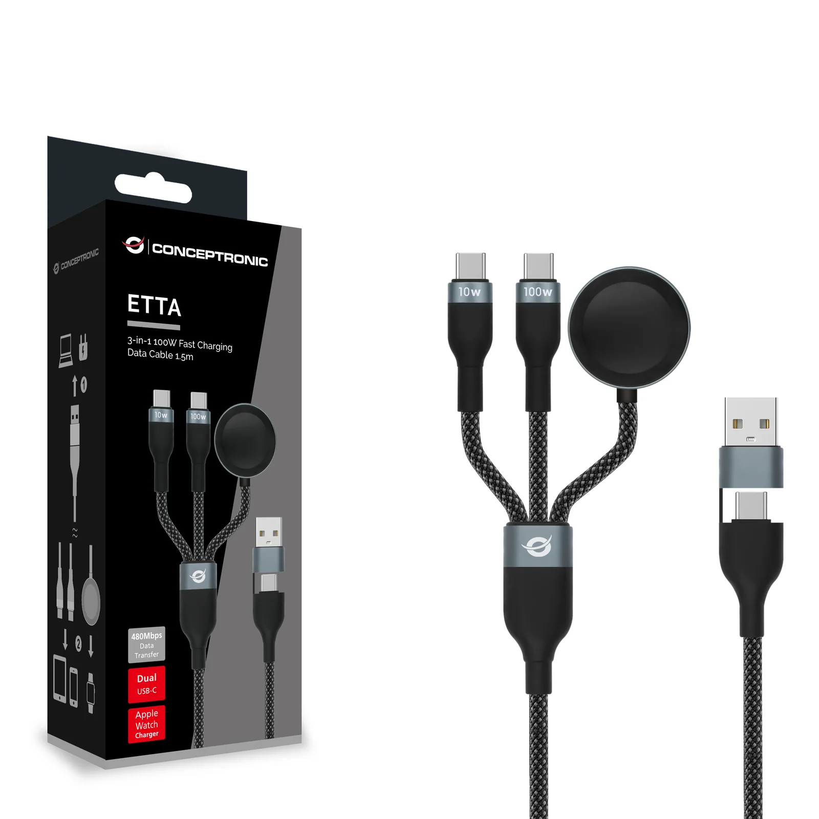 Conceptronic ETTA08B15 câble USB USB 2.0 1,5 m USB A 2 x USB C 0,48 Gbit/s 100 W Noir