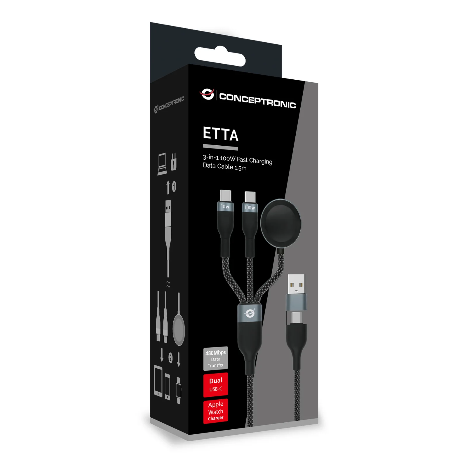 Conceptronic ETTA08B15 câble USB USB 2.0 1,5 m USB A 2 x USB C 0,48 Gbit/s 100 W Noir