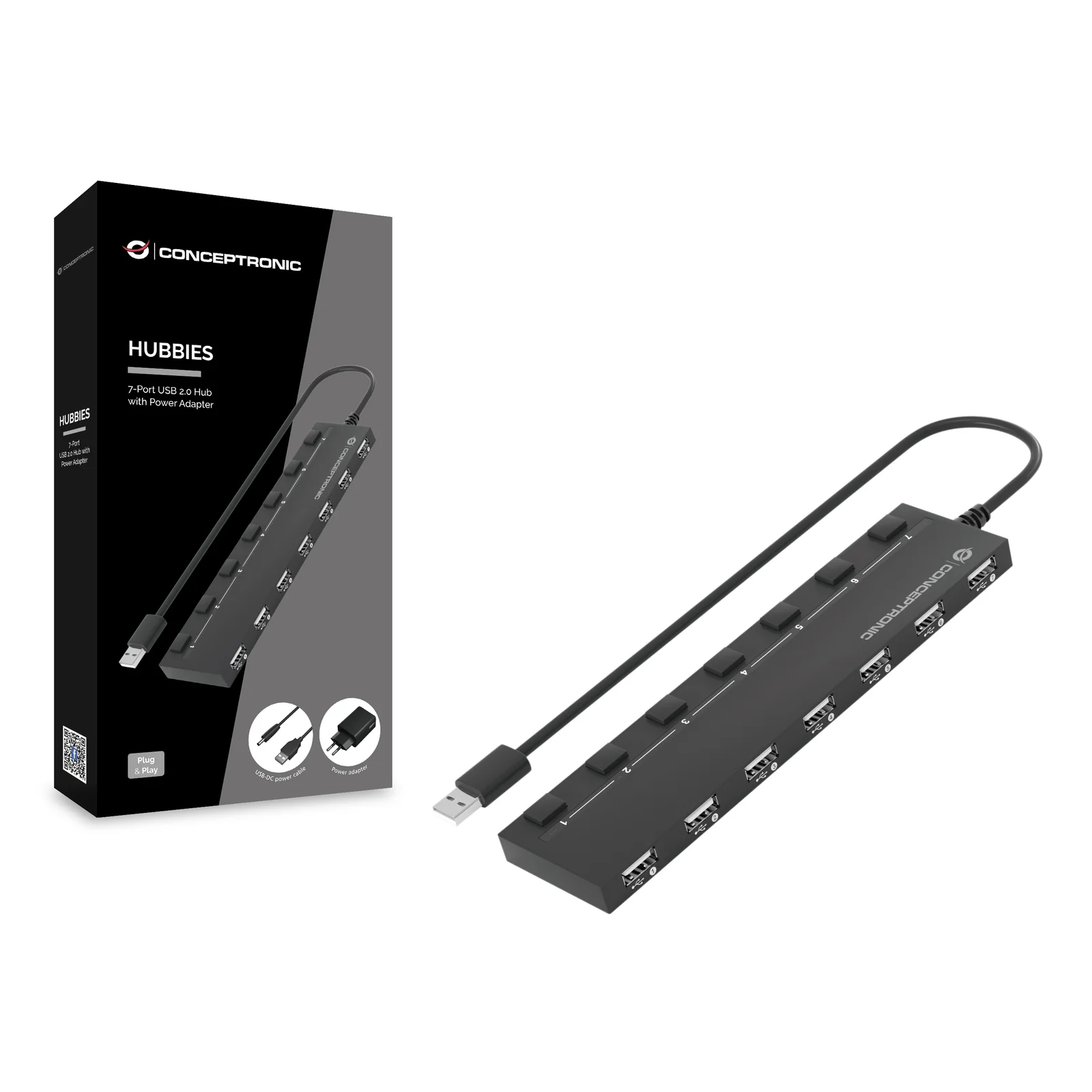 Conceptronic HUBBIES08BP hub & concentrateur USB 2.0 480 Mbit/s Noir