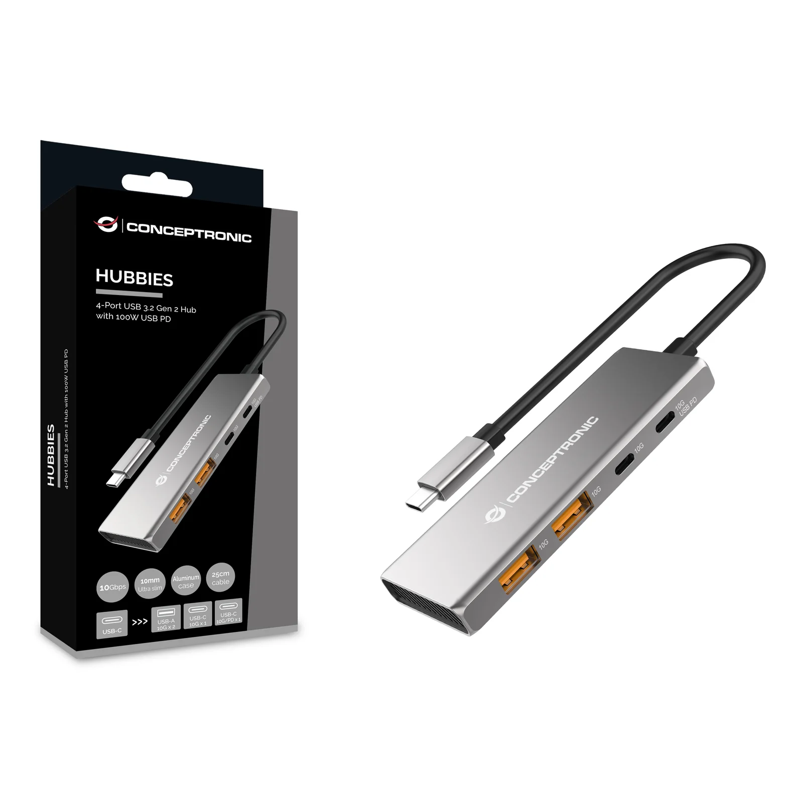 Conceptronic HUBBIES15G hub & concentrateur USB 3.2 Gen 2 (3.1 Gen 2) Type-C 10000 Mbit/s Gris