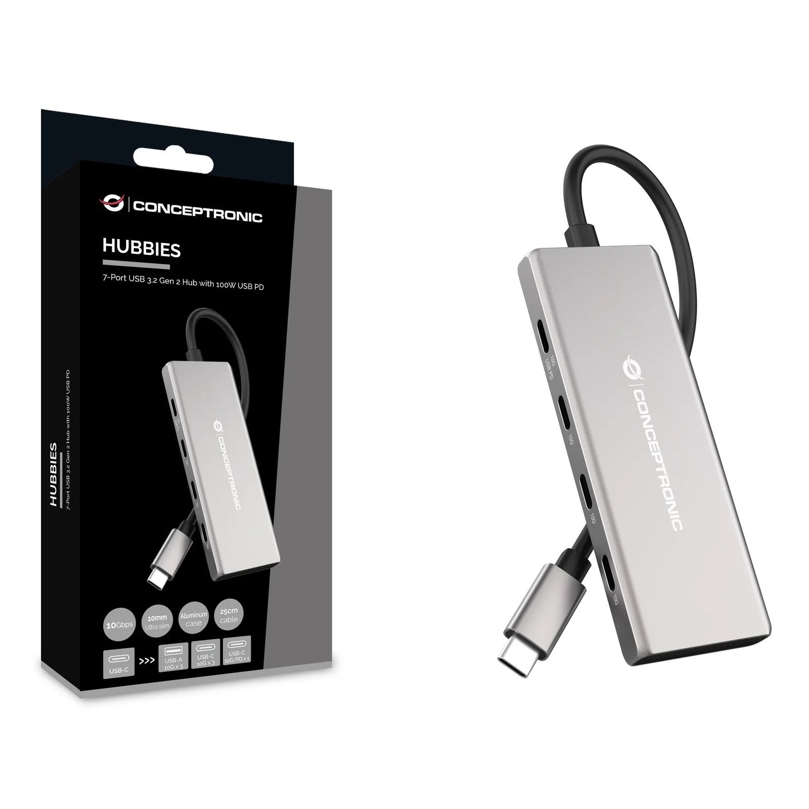 Conceptronic HUBBIES17G hub & concentrateur USB 3.2 Gen 2 (3.1 Gen 2) Type-C 10000 Mbit/s Gris