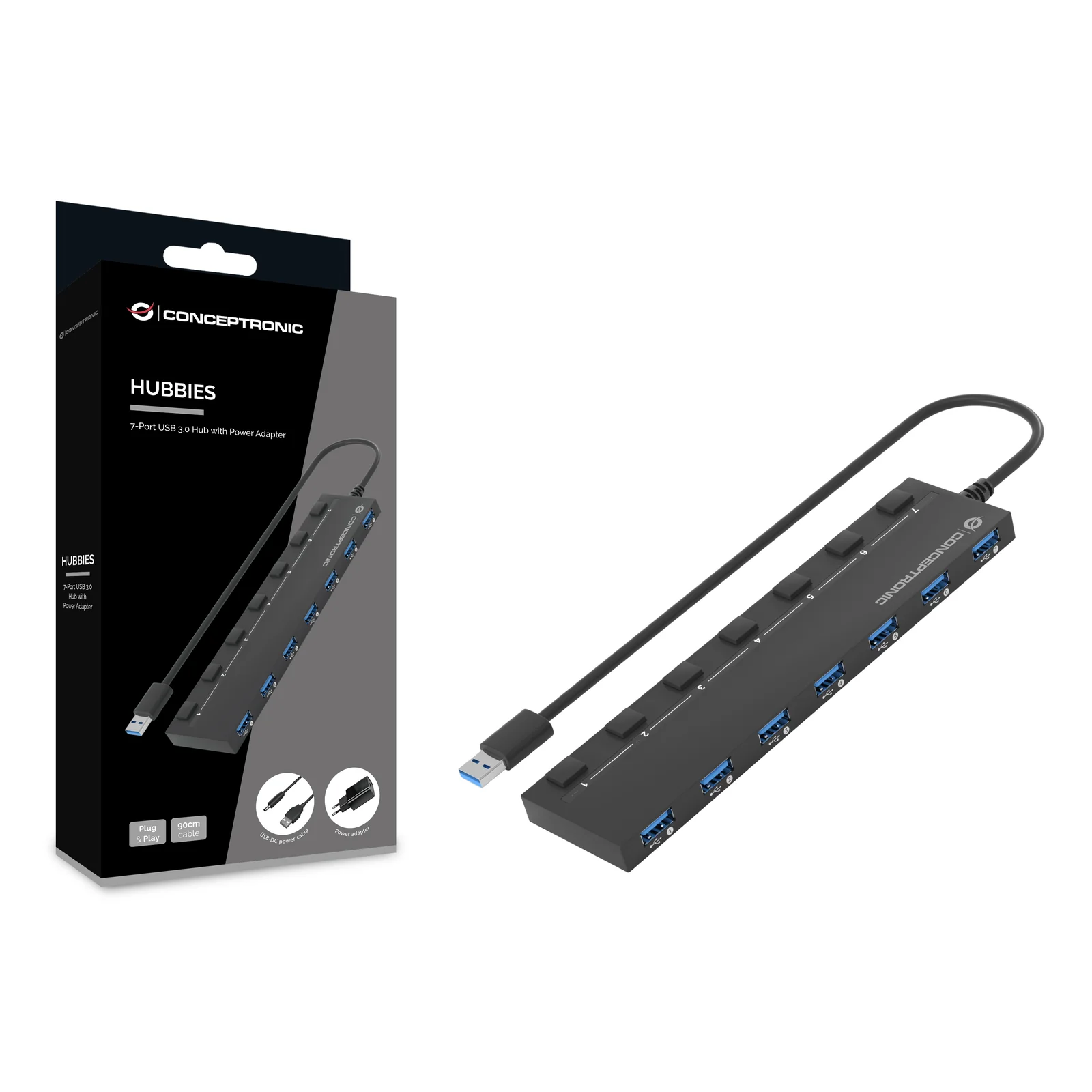 Conceptronic HUBBIES19BP hub & concentrateur USB 3.2 Gen 1 (3.1 Gen 1) Type-A 5000 Mbit/s Noir