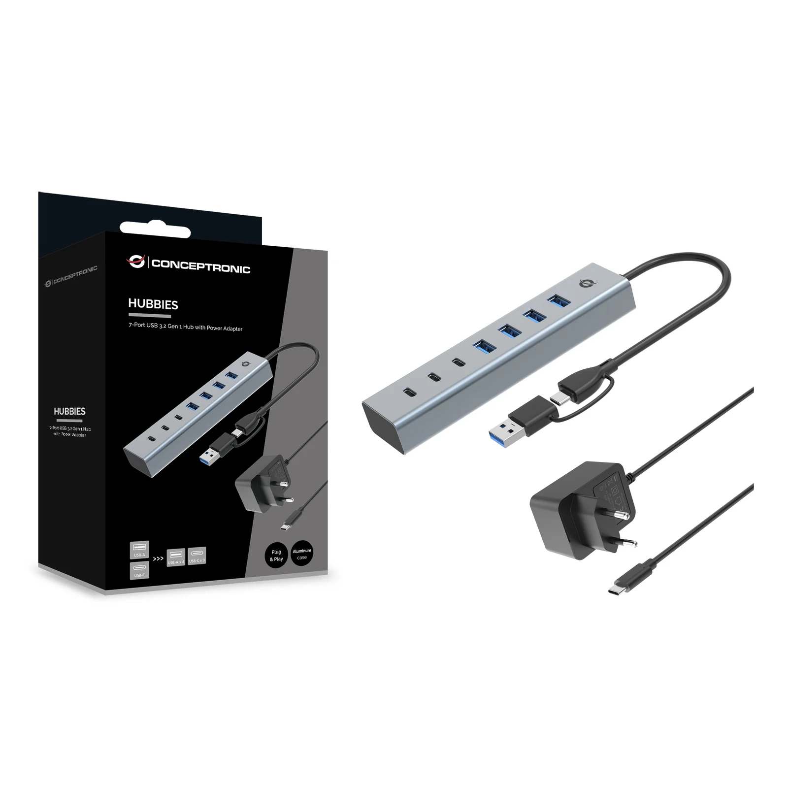 Conceptronic HUBBIES20GP hub & concentrateur USB 3.2 Gen 1 (3.1 Gen 1) Type-C 5000 Mbit/s Gris