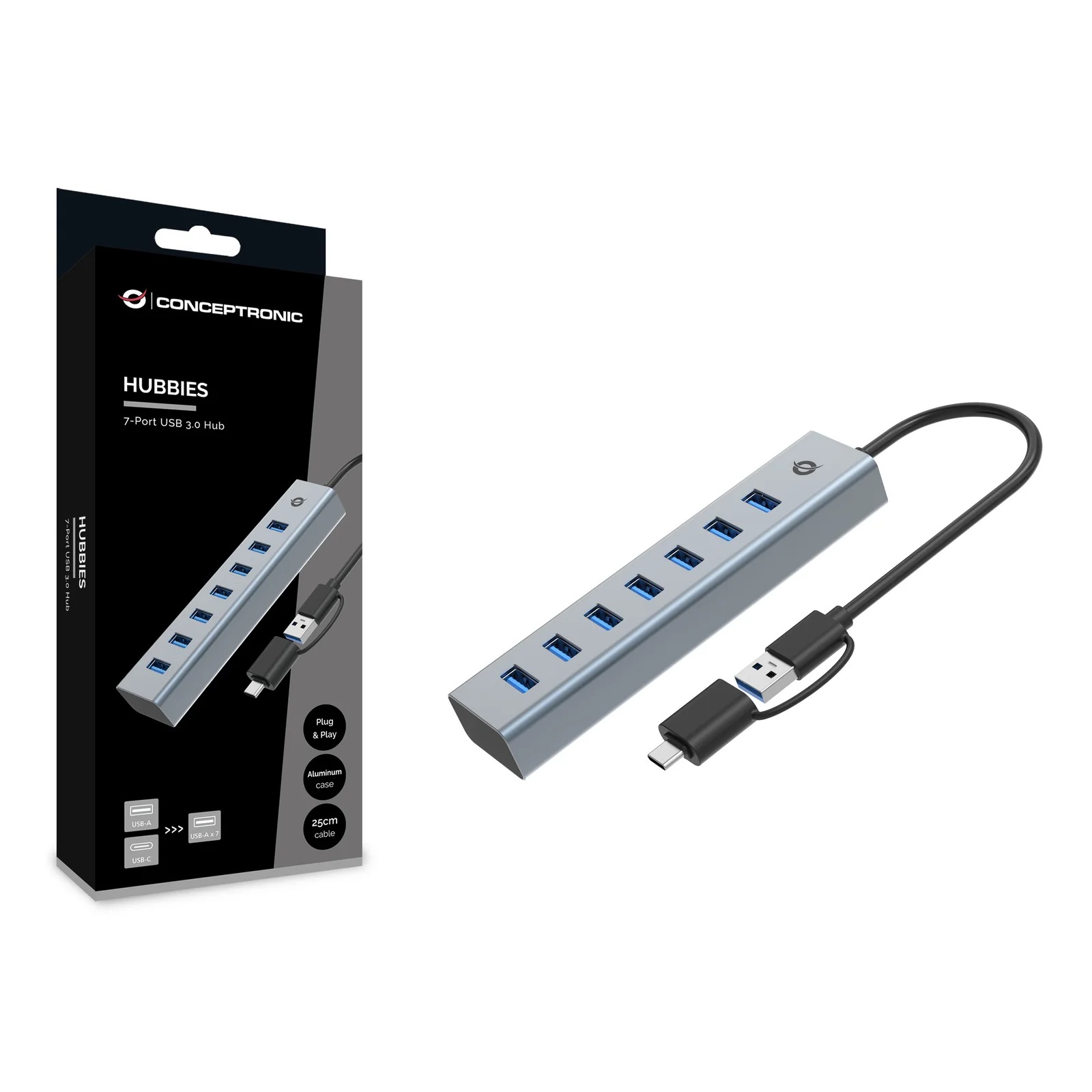 Conceptronic HUBBIES21G hub & concentrateur USB 3.2 Gen 1 (3.1 Gen 1) Type-A 5000 Mbit/s Gris