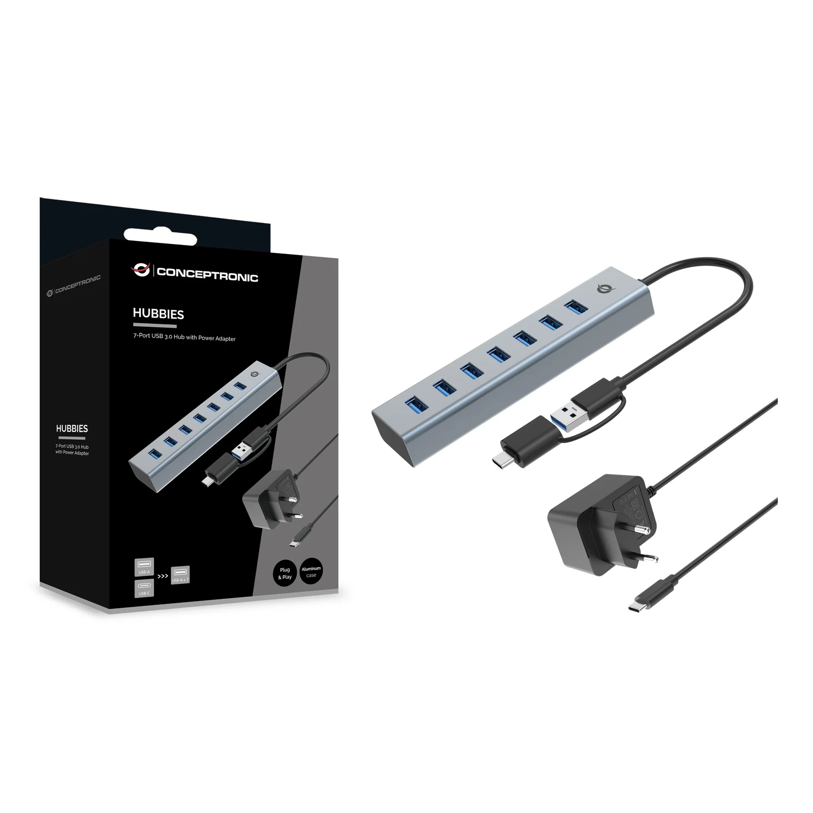 Conceptronic HUBBIES21GP hub & concentrateur USB 3.2 Gen 1 (3.1 Gen 1) Type-A 5000 Mbit/s Gris