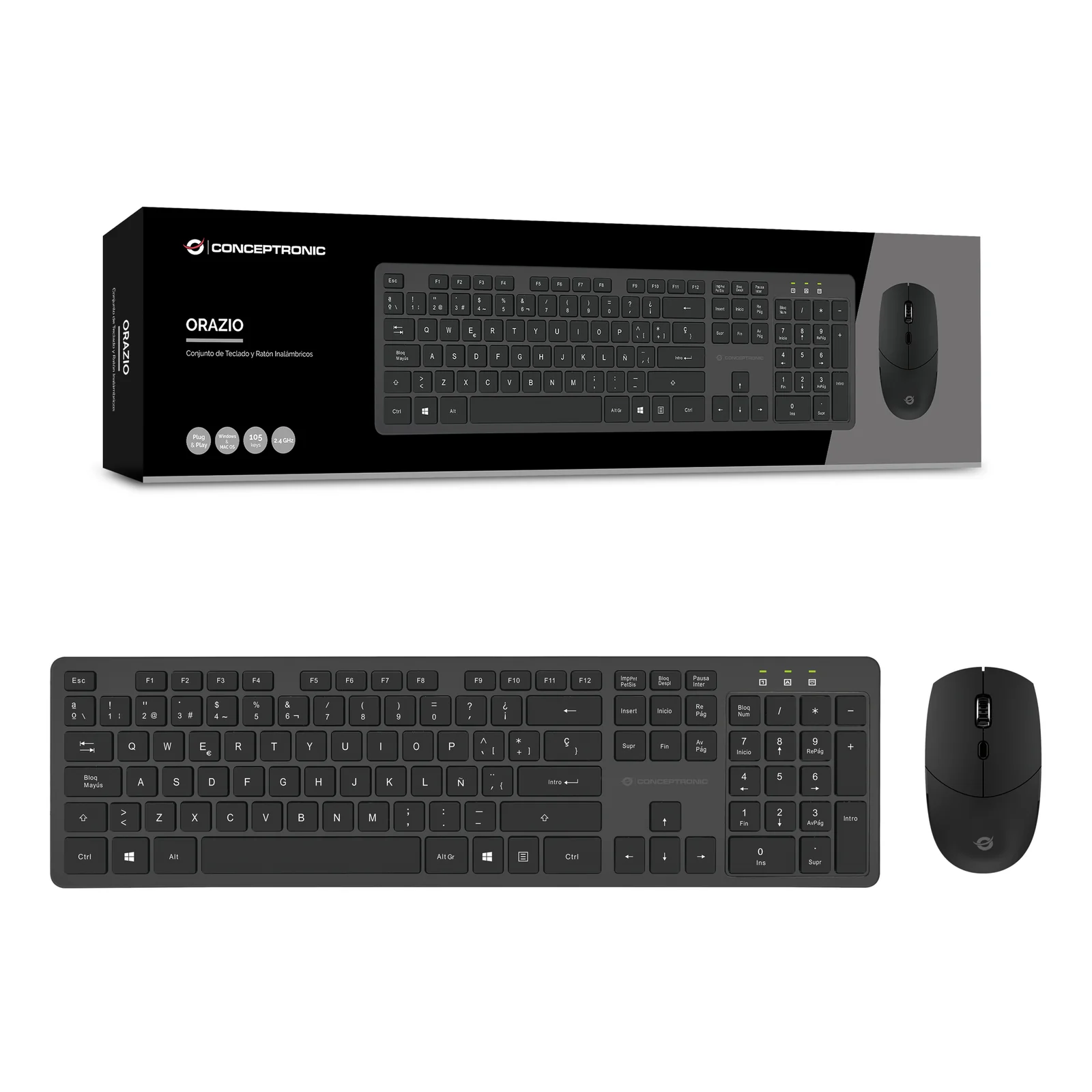 Conceptronic ORAZIO01ES clavier Souris incluse Bureau RF sans fil QWERTY Espagnole Noir