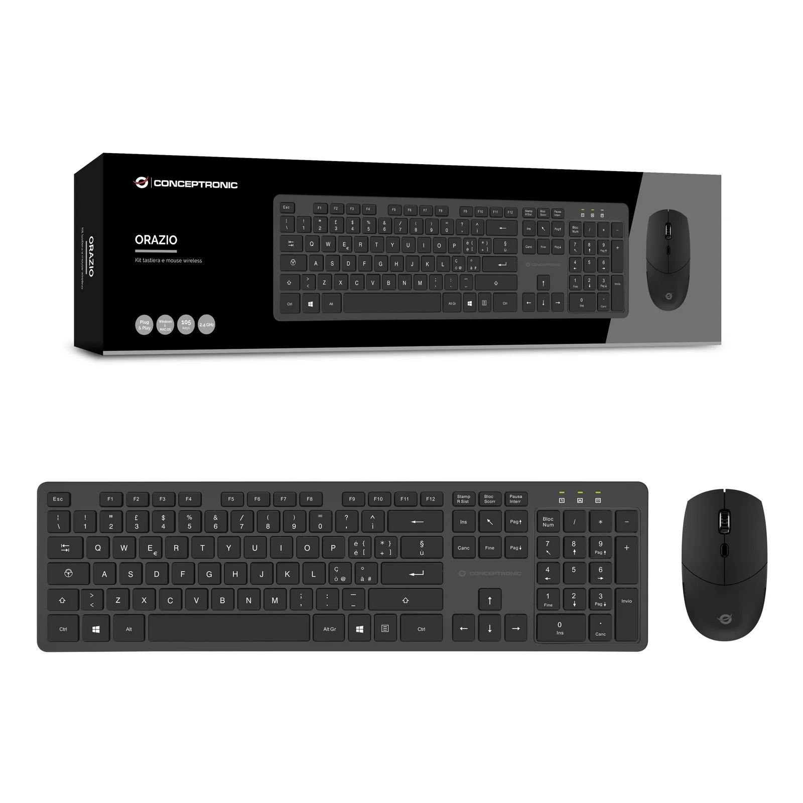 Conceptronic ORAZIO01IT clavier Souris incluse Bureau RF sans fil QWERTY Italien Noir